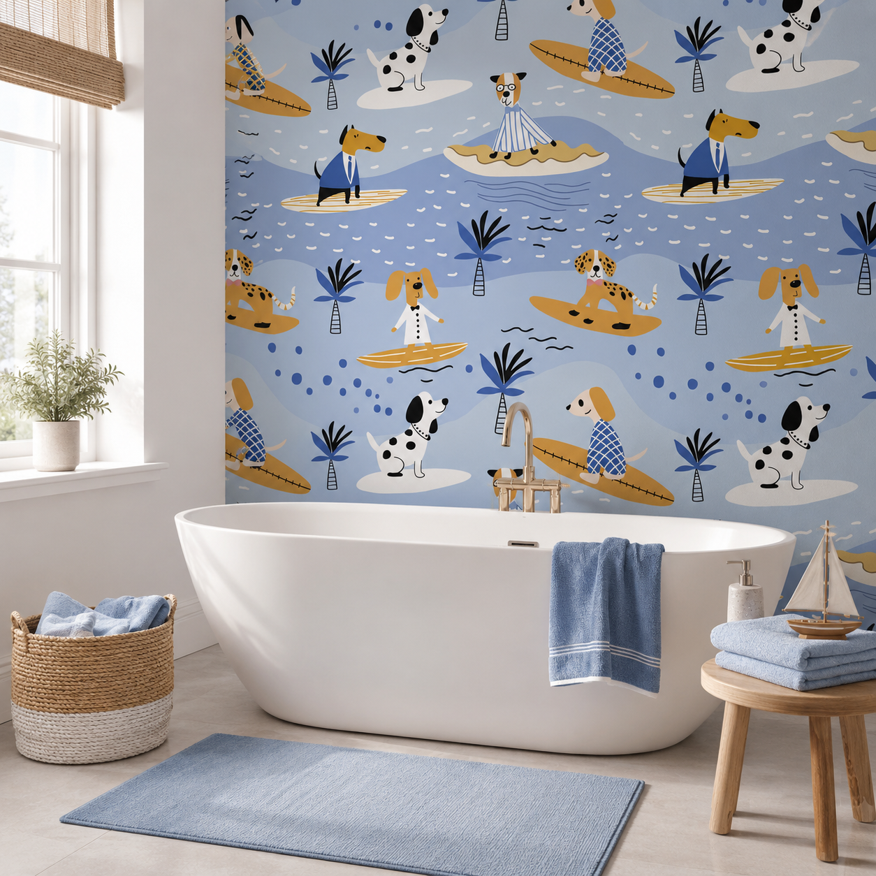 HaokHome Peel and Stick Wallpaper Surfing Dogs Blue Beach Kids Room Wall Mural Removable Self Adhesive Coastal Nursery Wallpaper