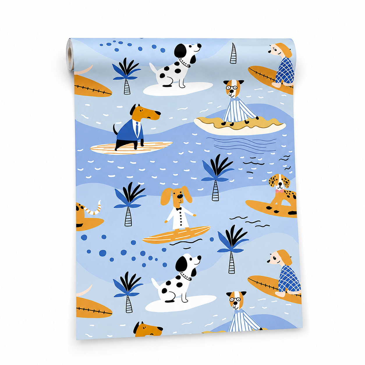 HaokHome Peel and Stick Wallpaper Surfing Dogs Blue Beach Kids Room Wall Mural Removable Self Adhesive Coastal Nursery Wallpaper