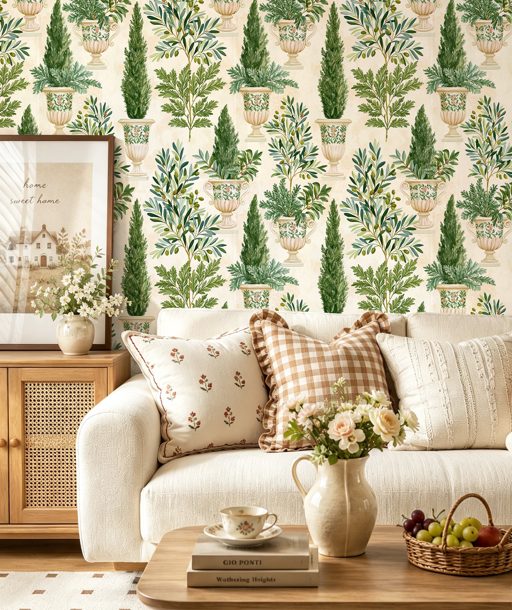 Classic cottage botanical removable wallpaper for inviting living‑room seating area