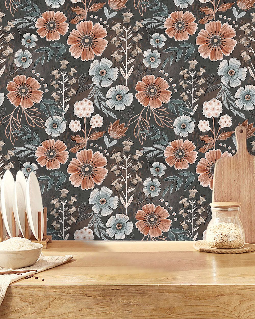 Close shot of vintage floral self adhesive wallpaper, muted earthy wildflower pattern on dark background, farmhouse style accent wall decor
