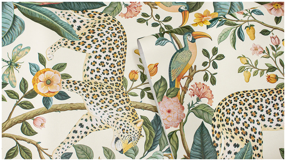 Close up of HaokHome jungle leopard botanical wallpaper pattern, vinyl texture detail