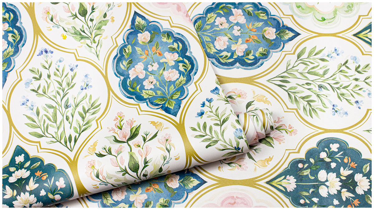 Close up of cottage style green diamond floral peel and stick wallpaper roll