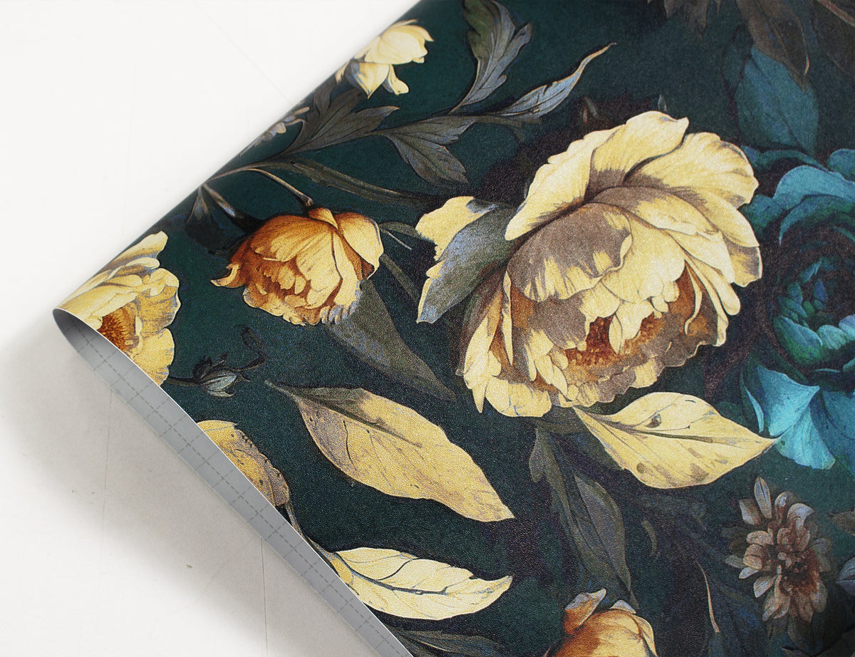 Close up of dark emerald green vintage peony peel and stick wallpaper, self-adhesive floral sample