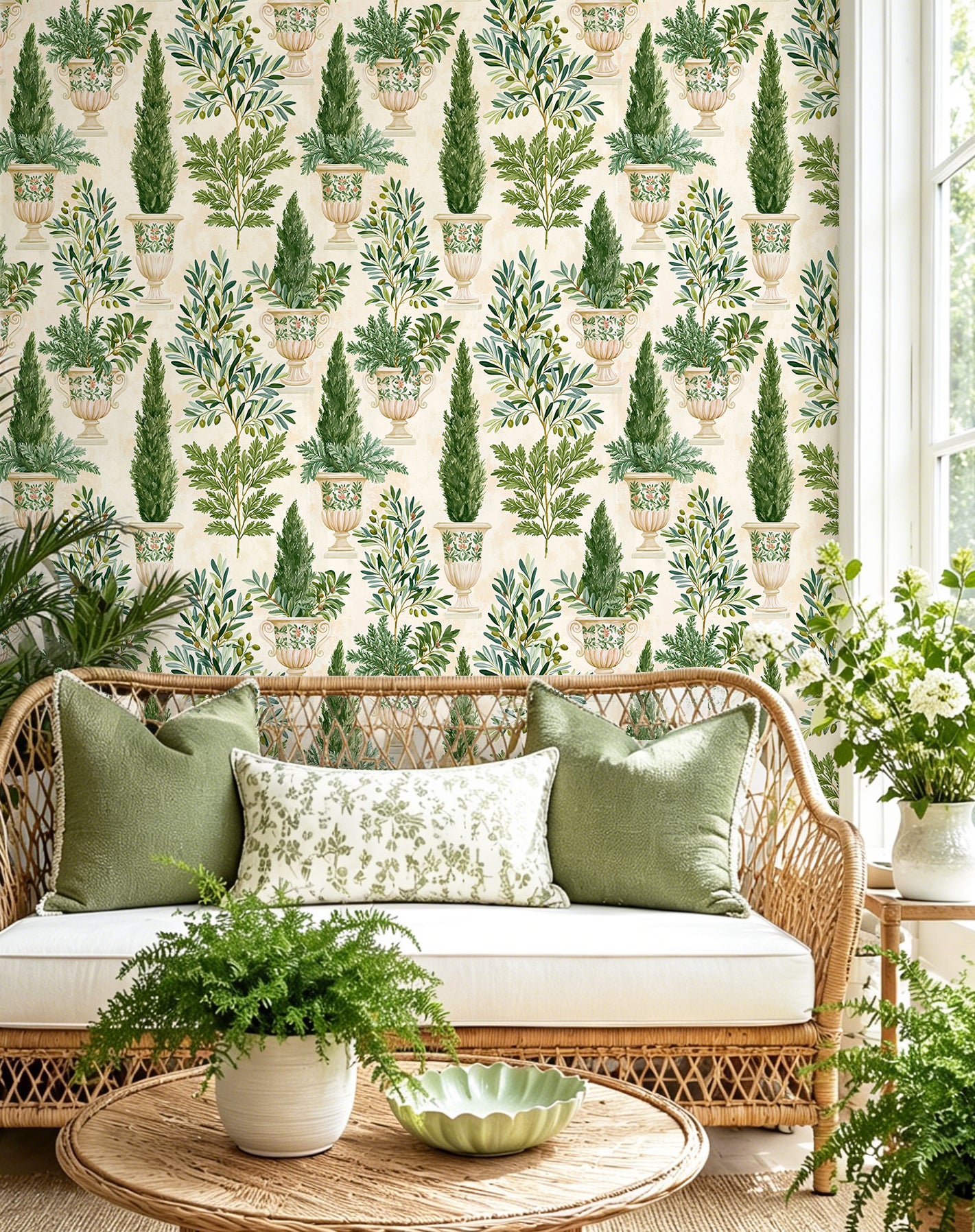 Cottage‑style peel‑and‑stick wallpaper with potted cypress prints for bright living room accent wall