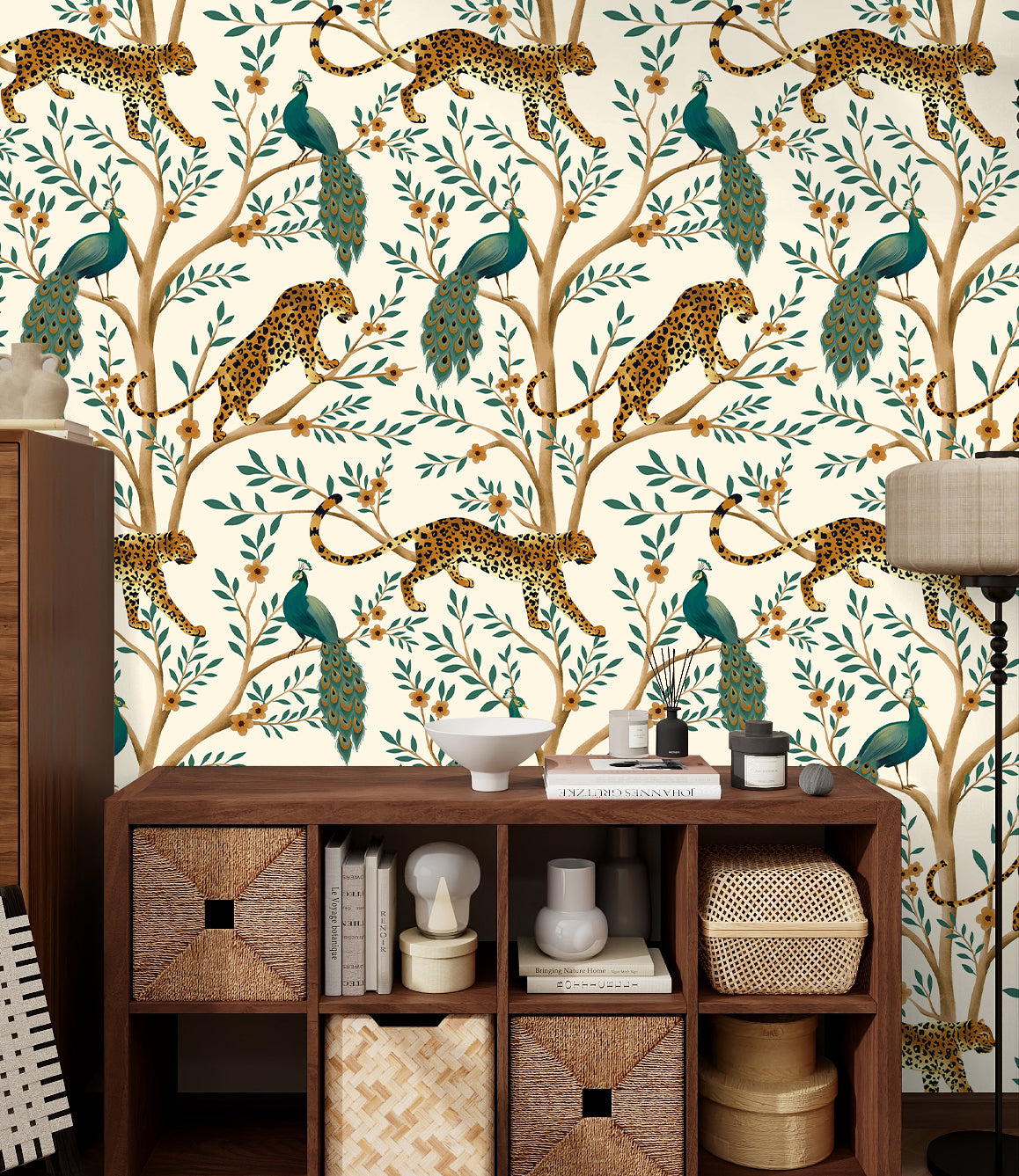 Cream chinoiserie jungle leopard peacock self adhesive wallpaper, retro tree animal wall covering behind wooden cabinet for interior makeover