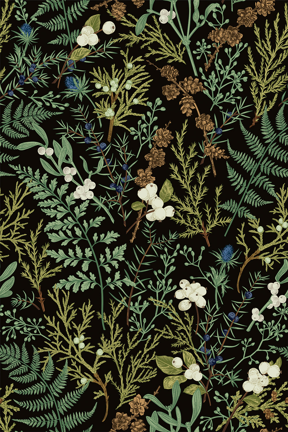 Dark Winter Botanical Wallpaper – Vintage Pine Cone Fern Wild Berry Print