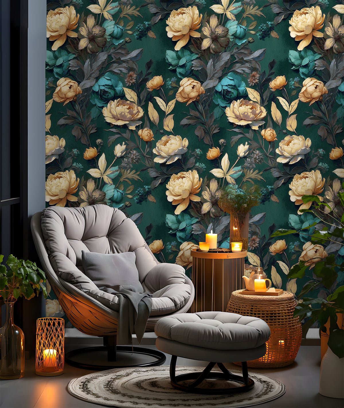 Dark emerald green vintage floral peel and stick wallpaper, moody reading nook accent wall with peony flowers