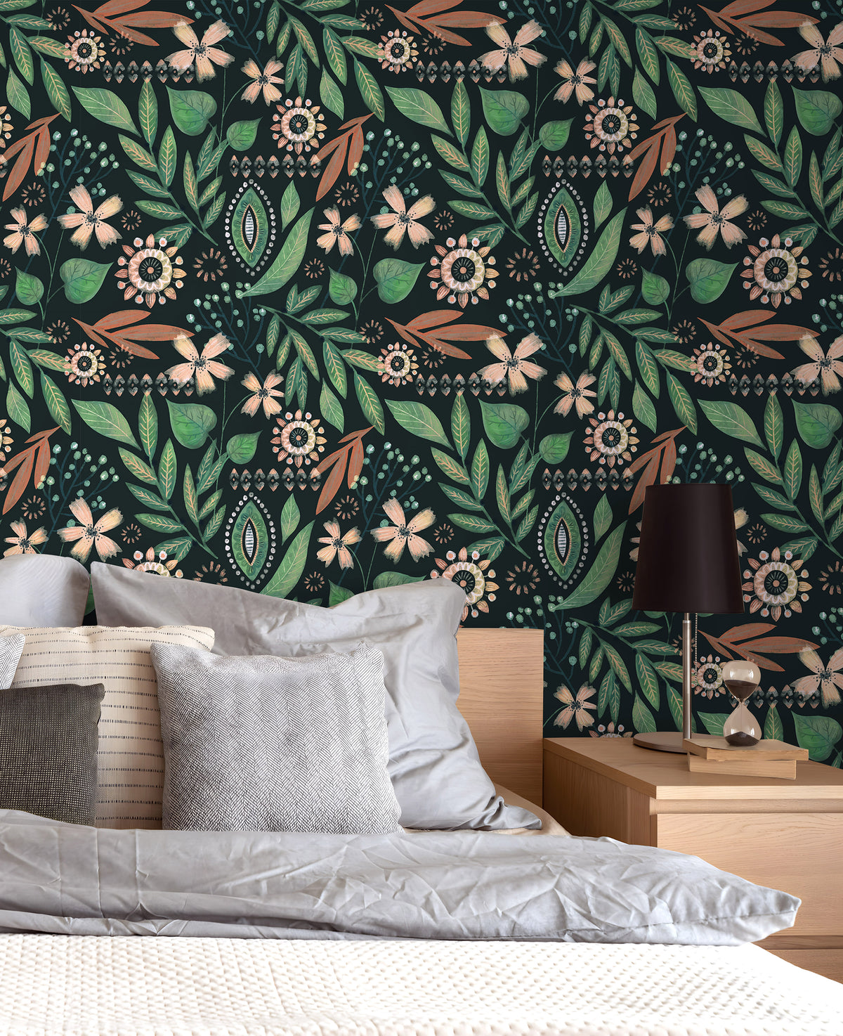 Dark green botanical peel and stick wallpaper, vintage leaf floral pattern on black background, removable wall covering