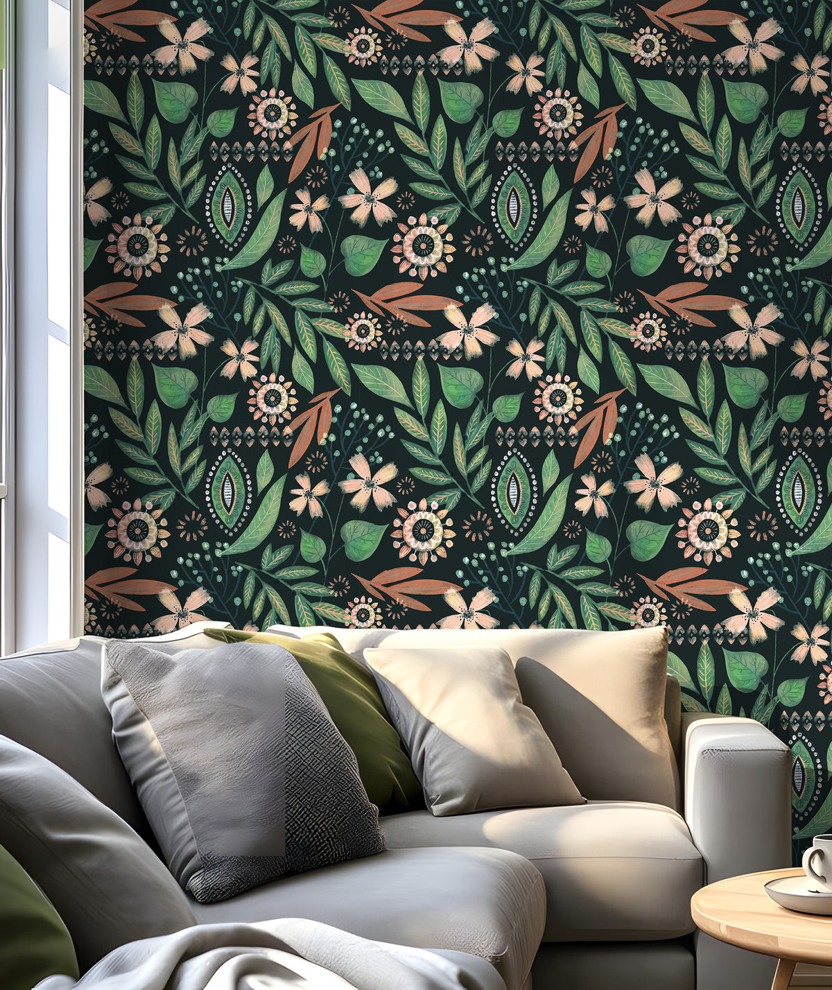 Dark green floral peel and stick wallpaper living room feature wall, modern boho interior