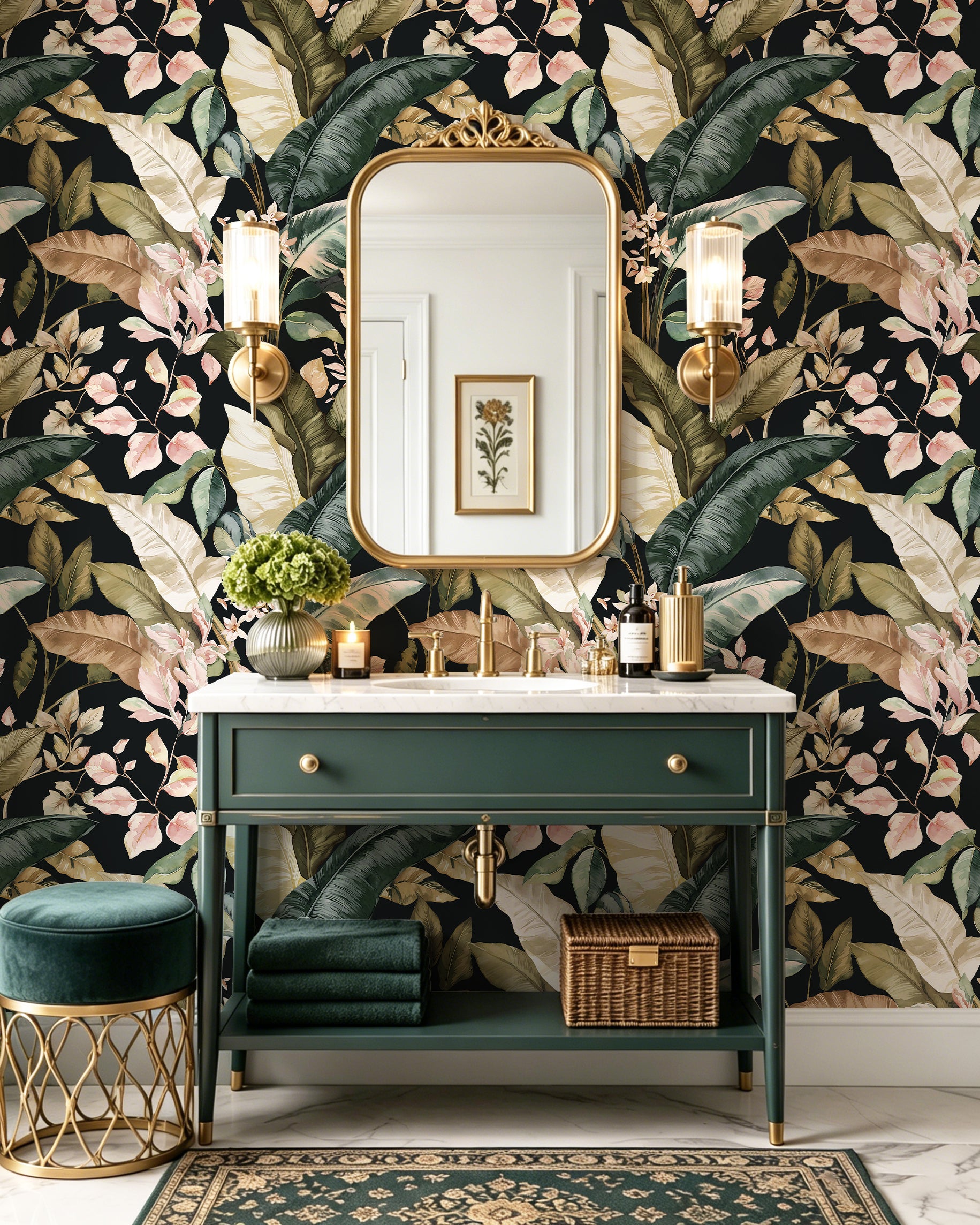 Dark moody tropical botanical peel‑and‑stick wallpaper in vintage dark green bathroom vanity space