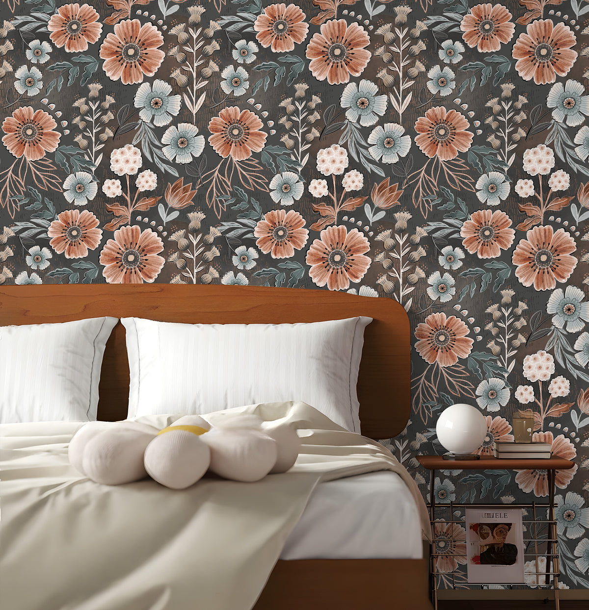Dark vintage floral peel and stick wallpaper, warm terracotta wild flower pattern on charcoal background, accent wall decor for bedroom, removable self adhesive wall covering