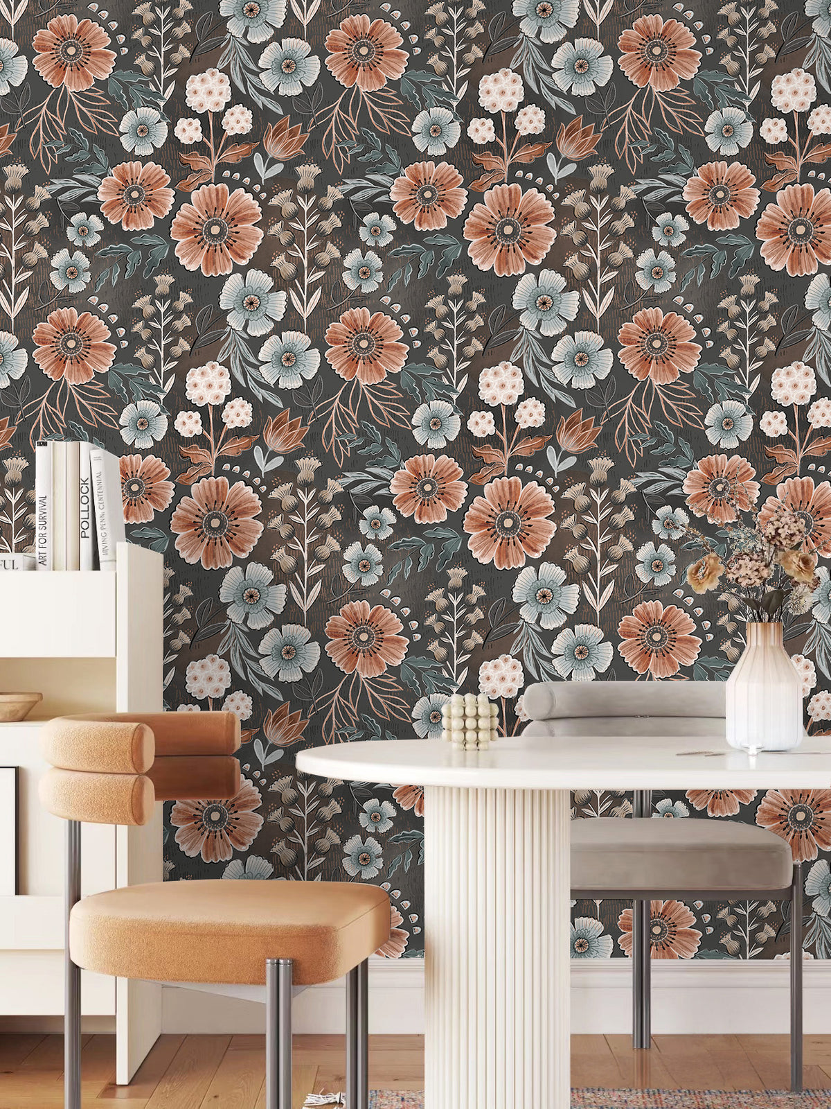 Dark wildflower peel and stick wall covering, vintage floral print in terracotta and soft blue tones, removable wallpaper for dining room accent wall