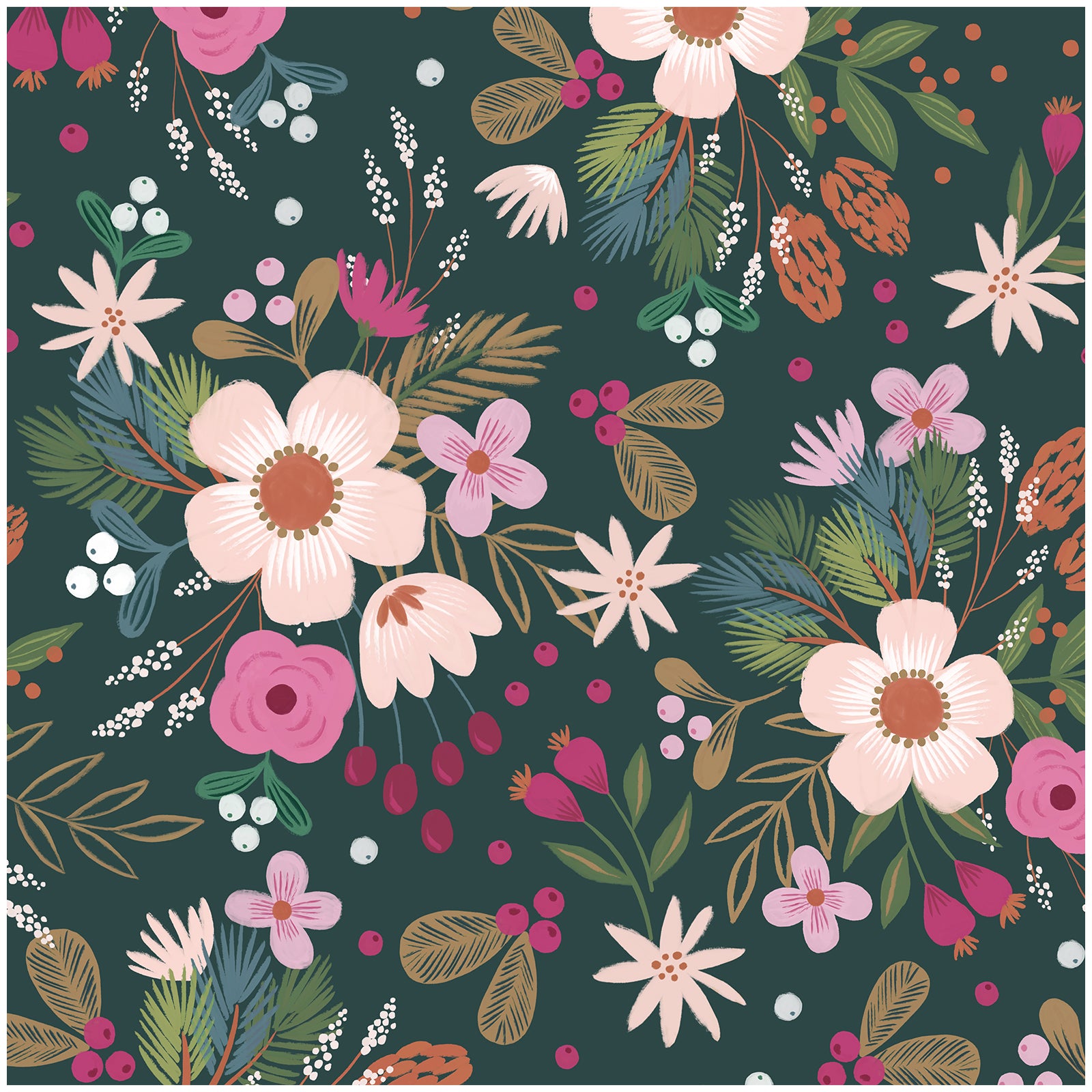 Deep Teal Winter Floral Wallpaper – Warm Soft Blossom Botanical Print