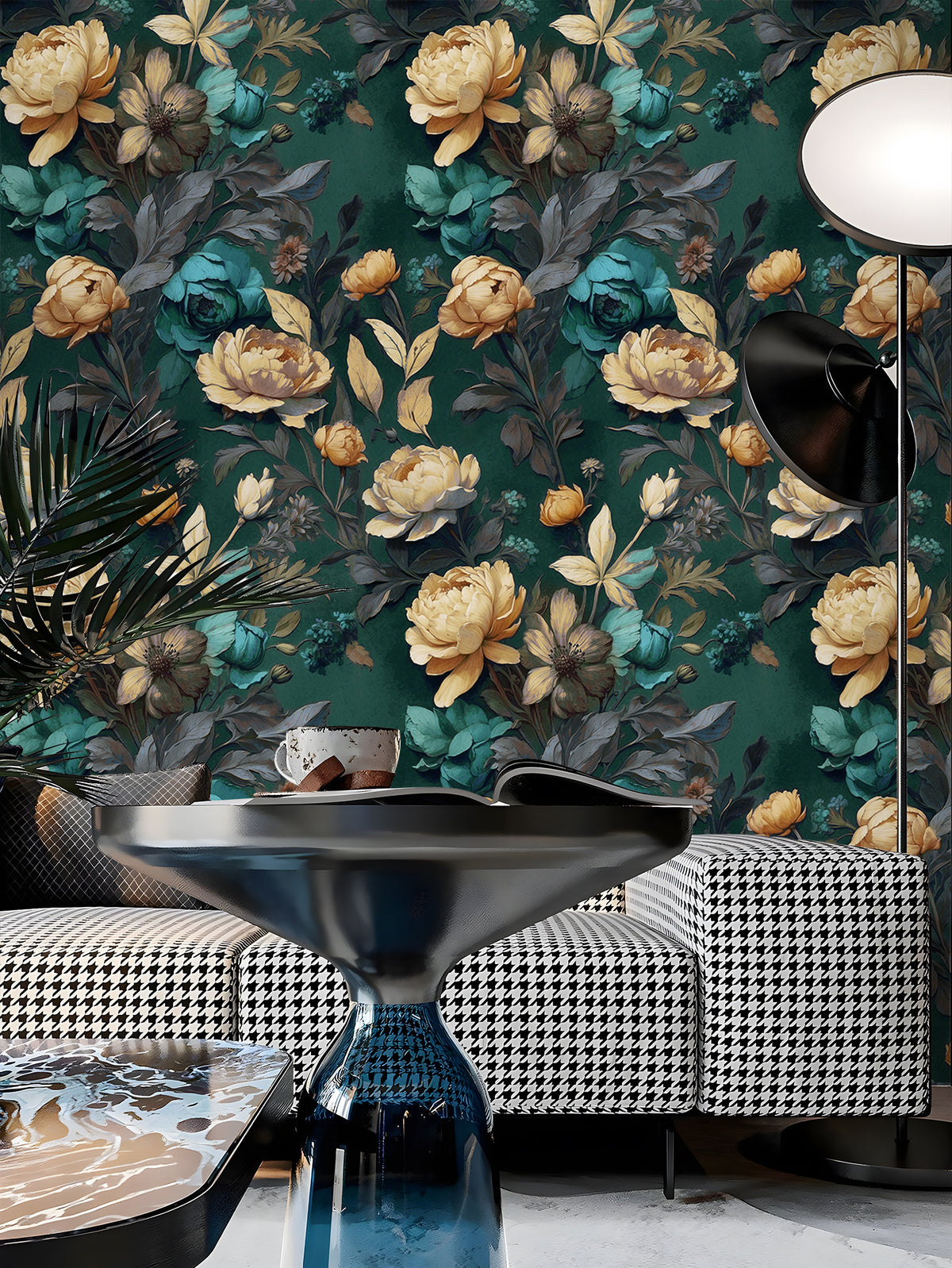 Deep dark green old master floral peel and stick wallpaper, vintage peony pattern living room interior