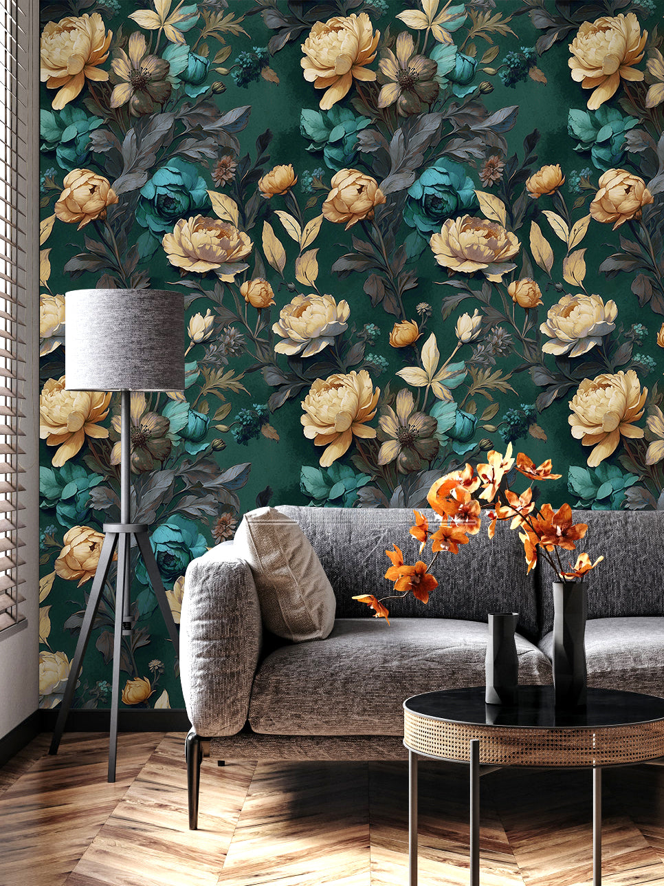 Emerald green antique peony floral removable wallpaper, maximalist living room feature wall decor