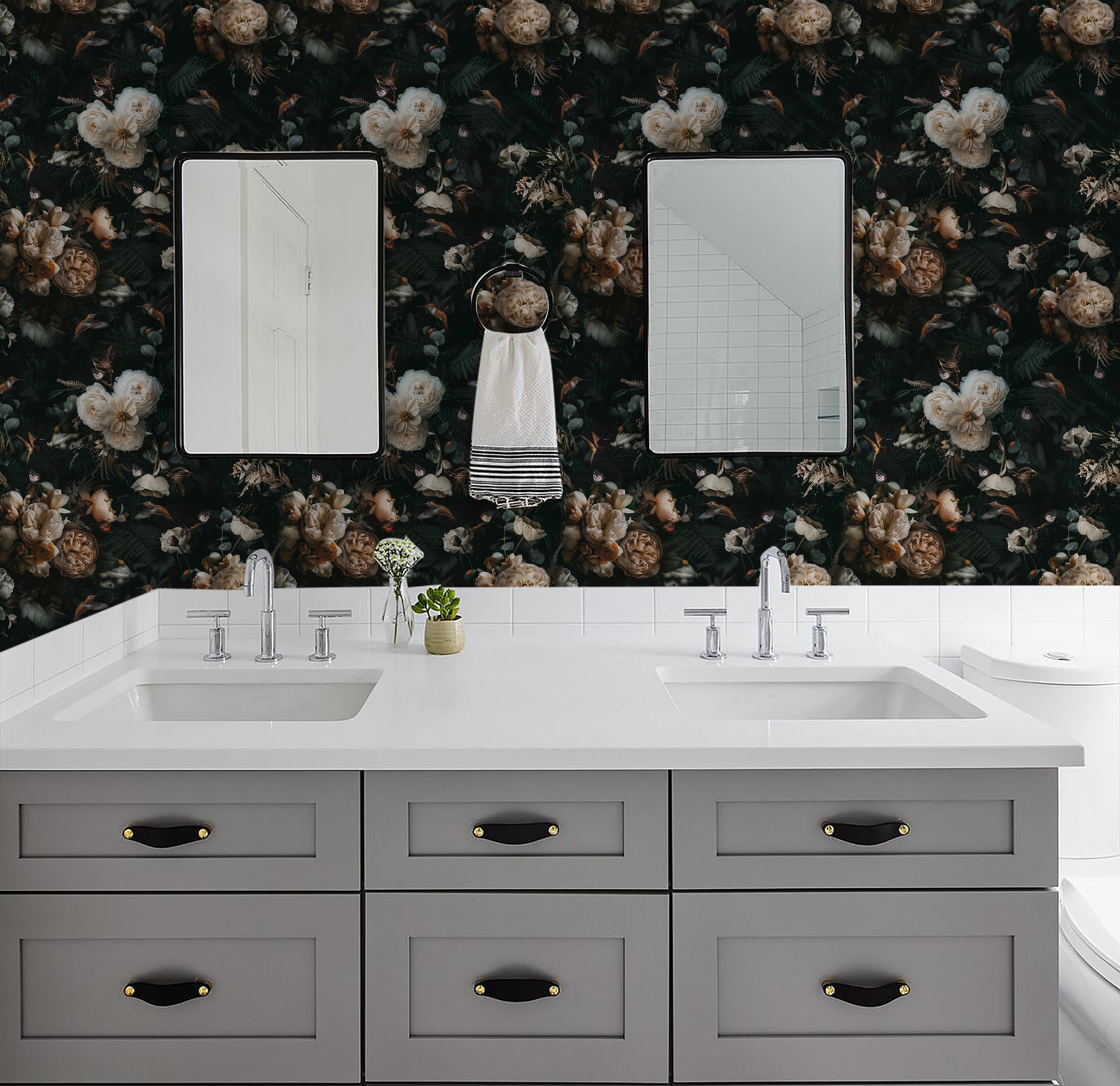 HAOKHOME 93287 Peel and Stick Boho Wallpaper Removable Vintage Black Floral Contact Paper for Cabinet Accent Wall