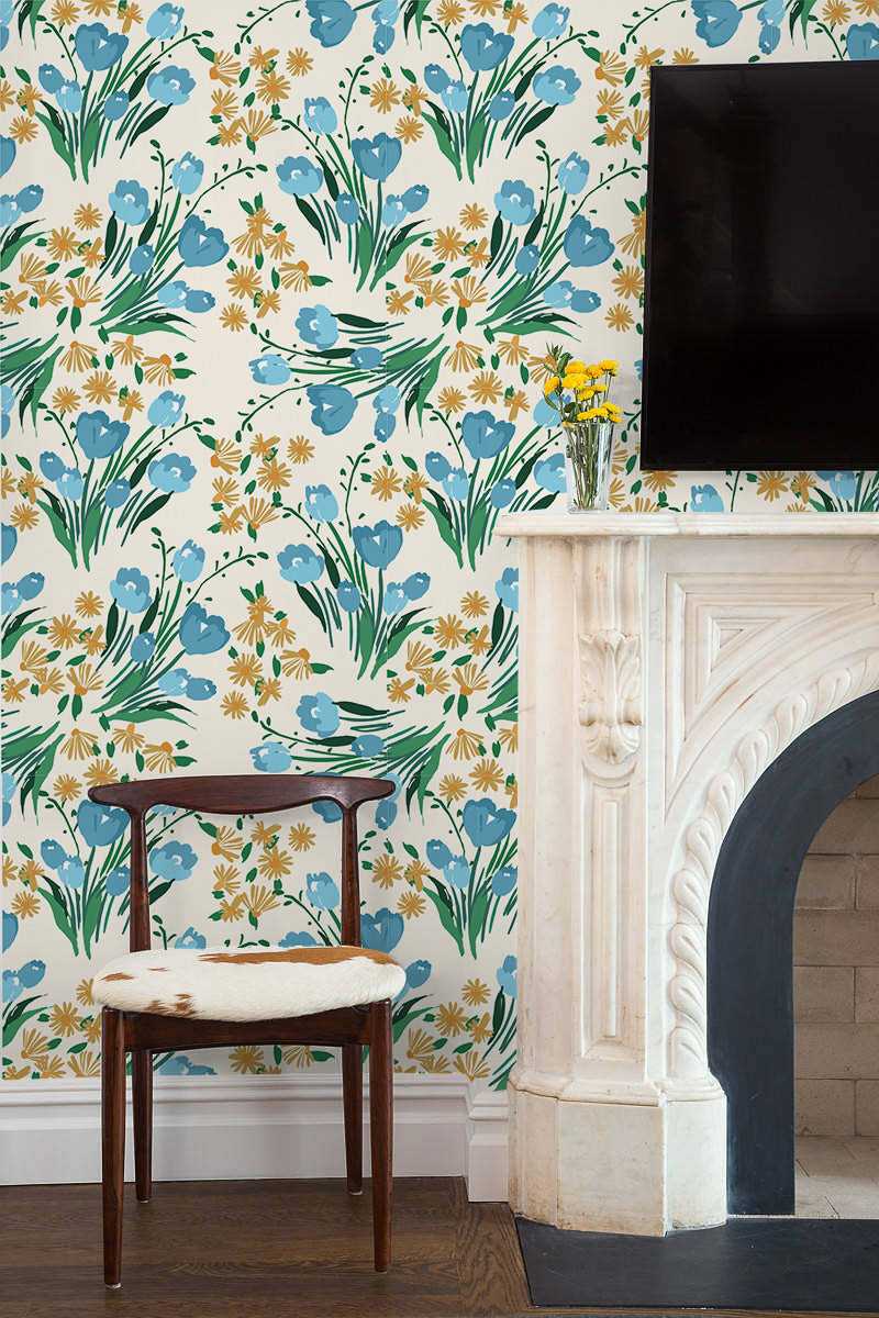 HAOKHOME 93378-1 Removable Boho Wallpaper for Bedroom Stick On Adhesive Wallpaper Vintage Blue Flower Wallpaper for Cabinet Home Decor