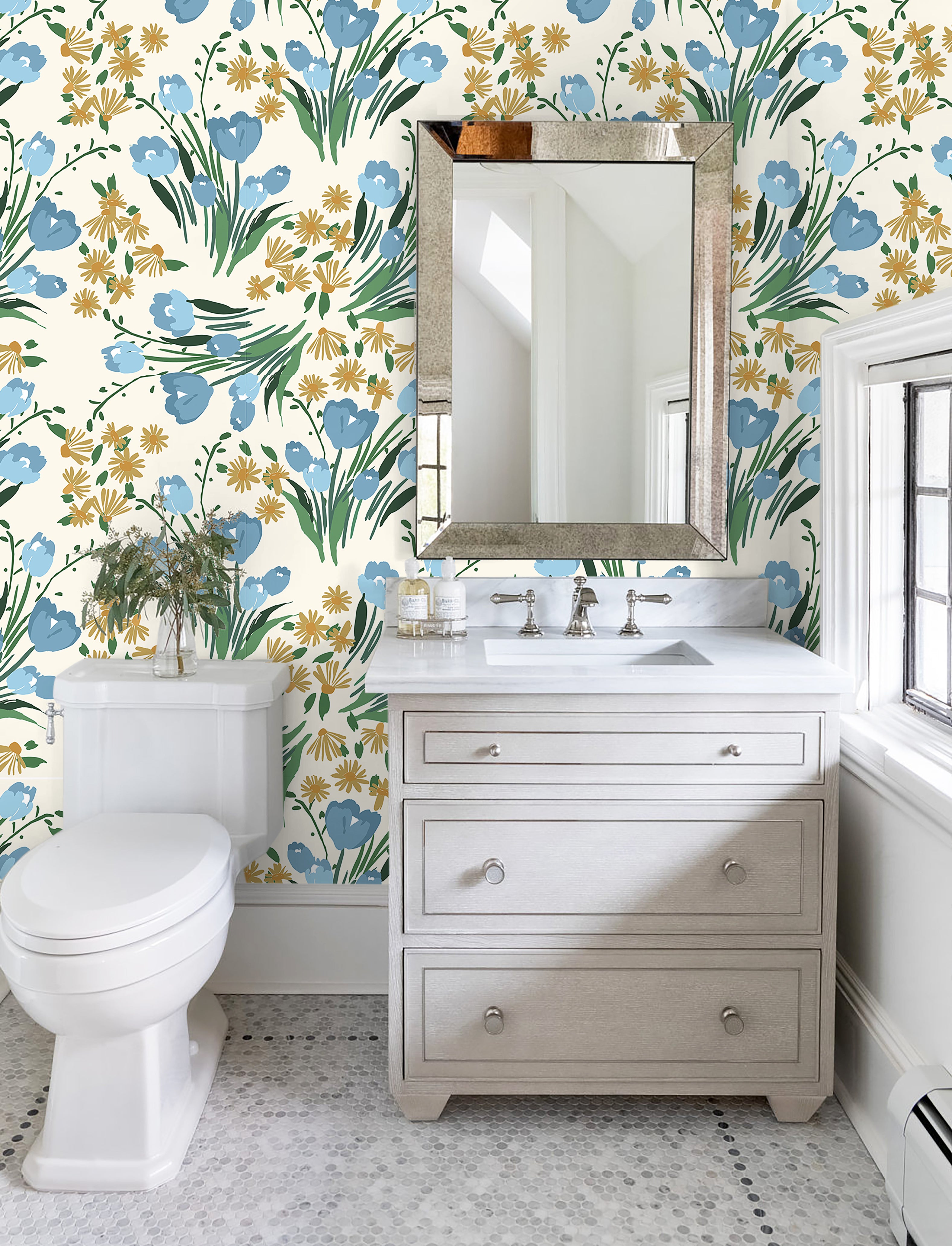 HAOKHOME 93378-1 Removable Boho Wallpaper for Bedroom Stick On Adhesive Wallpaper Vintage Blue Flower Wallpaper for Cabinet Home Decor