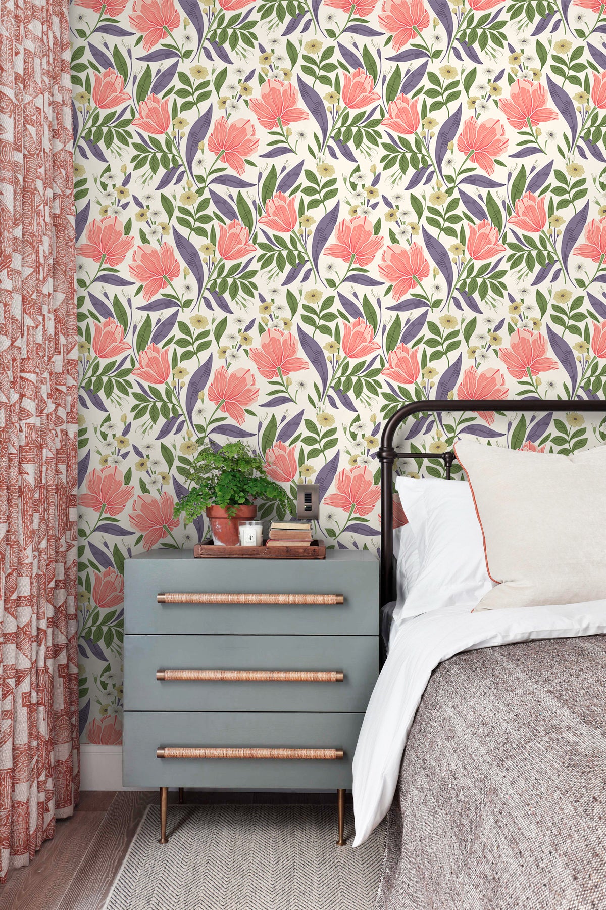 HAOKHOME 93379-1 Peel and Stick Removable Boho Adhesive Pink Wallpaper for Bedroom Cabinet Countertop Vintage Floral Contact Paper Home Decor