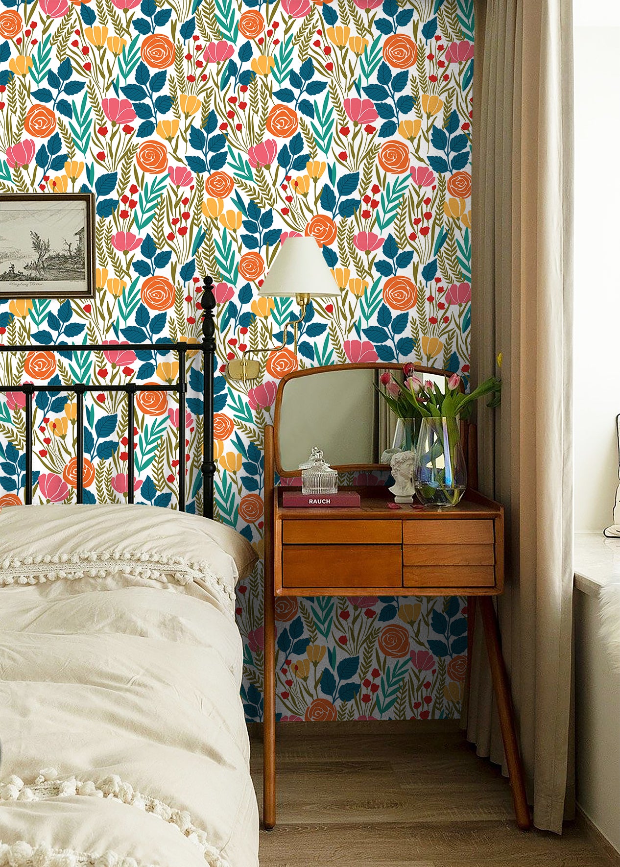 HAOKHOME 93386-4 Peel and Stick Wallpaper Floral Removable Stick on Contact Paper for Bathroom White/Orange/Green