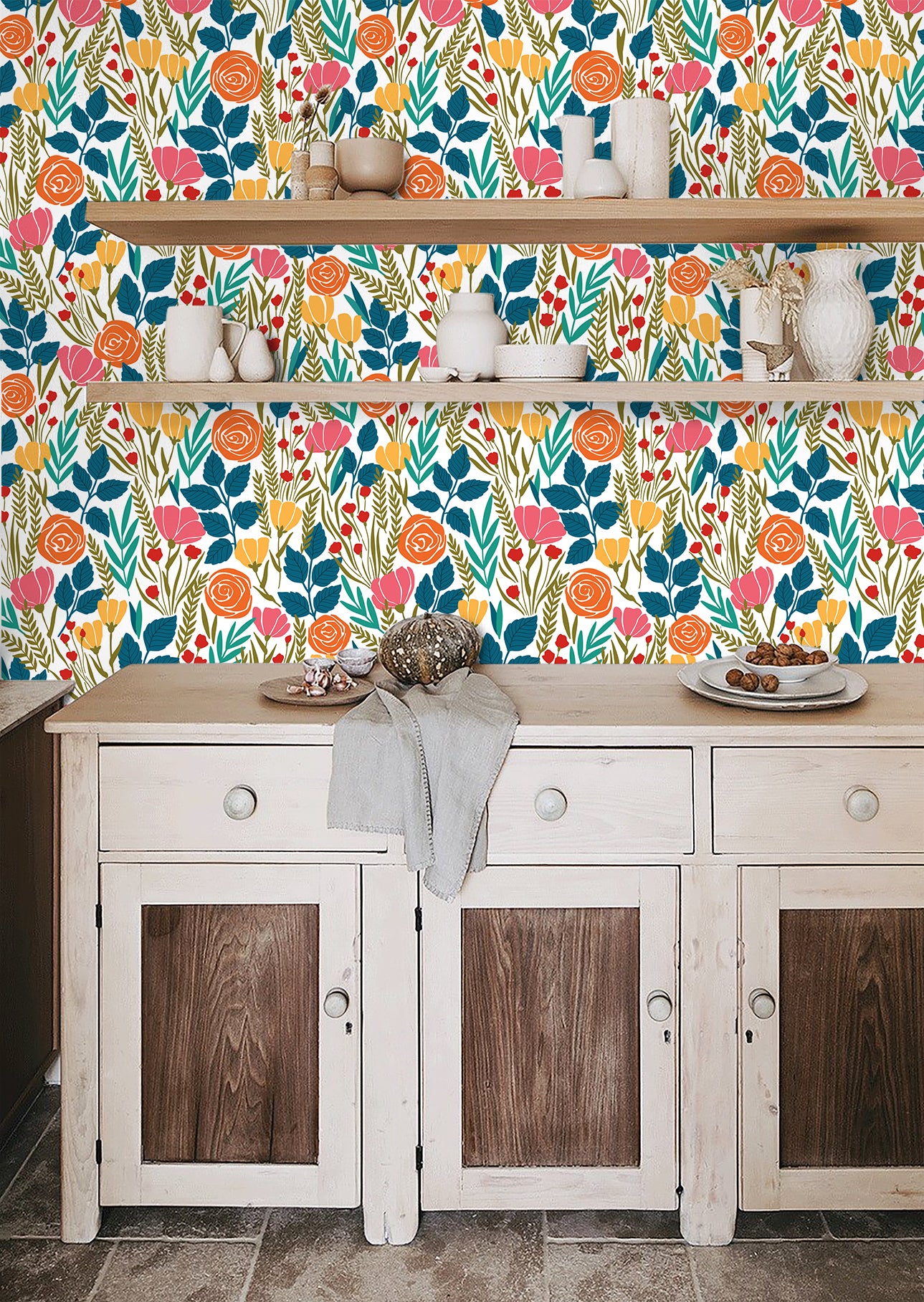 HAOKHOME 93386-4 Peel and Stick Wallpaper Floral Removable Stick on Contact Paper for Bathroom White/Orange/Green