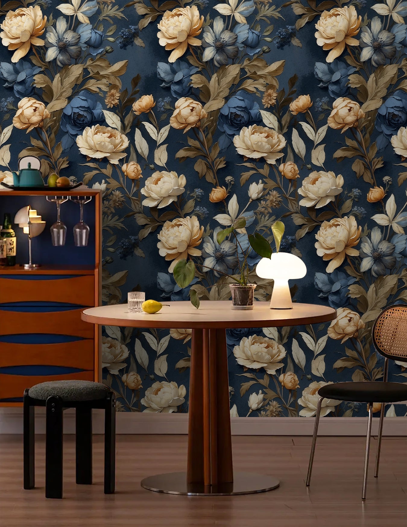 HAOKHOME 93429 Vintage Floral Peel and Stick Wallpaper Wall Paper Removable Boho for Bedroom Blue/Cream Contact Paper