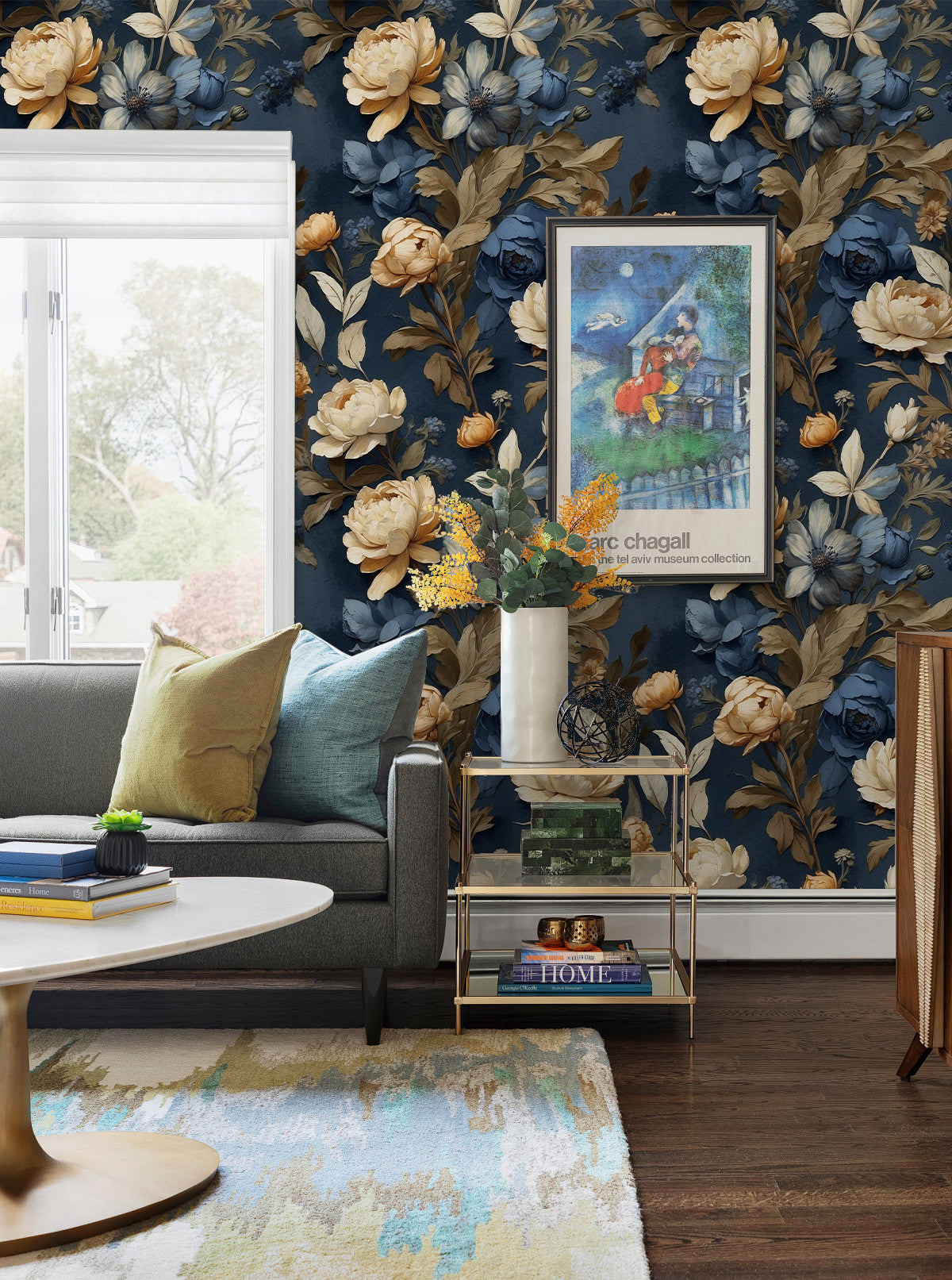HAOKHOME 93429 Vintage Floral Peel and Stick Wallpaper Wall Paper Removable Boho for Bedroom Blue/Cream Contact Paper
