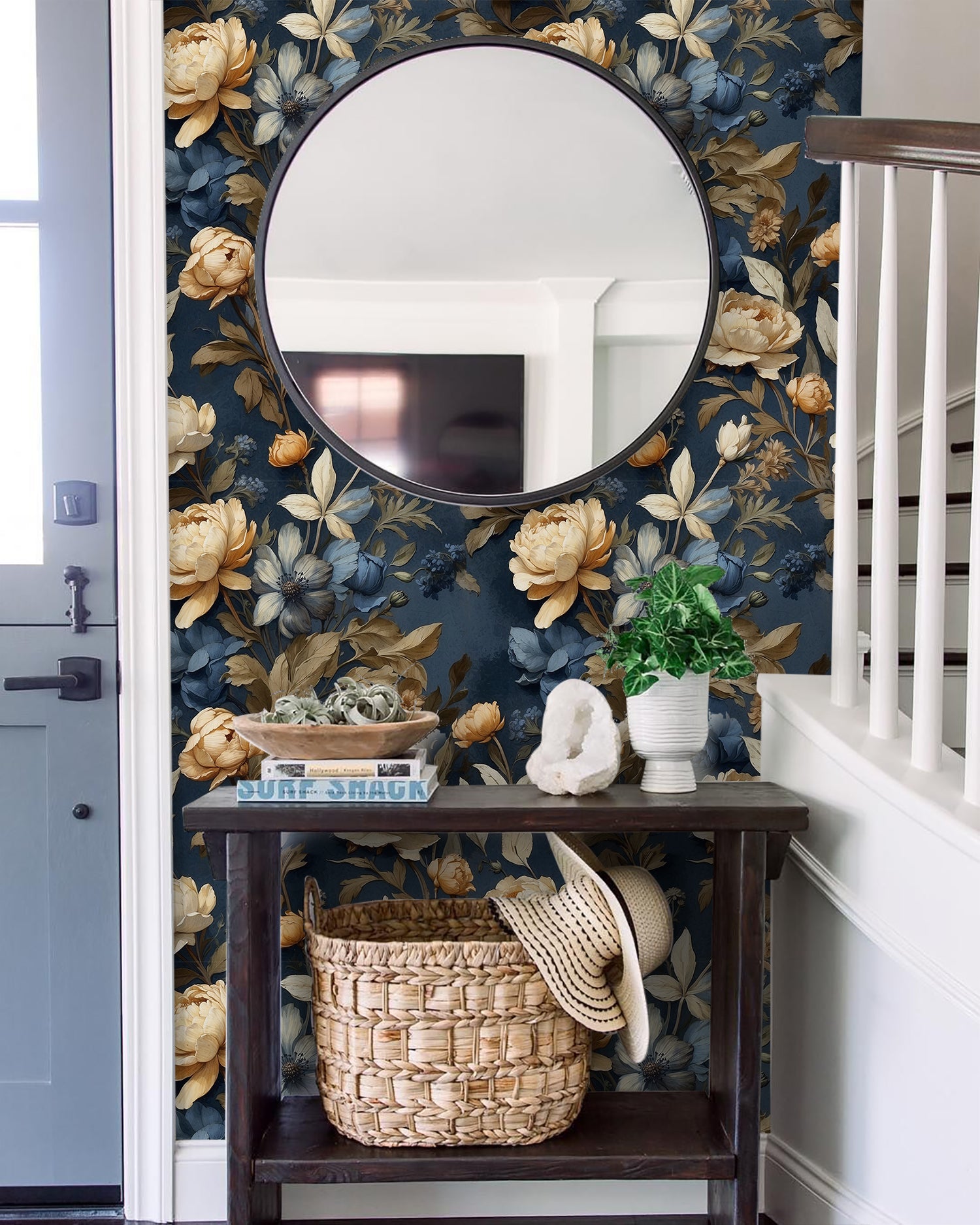 HAOKHOME 93429 Vintage Floral Peel and Stick Wallpaper Wall Paper Removable Boho for Bedroom Blue/Cream Contact Paper