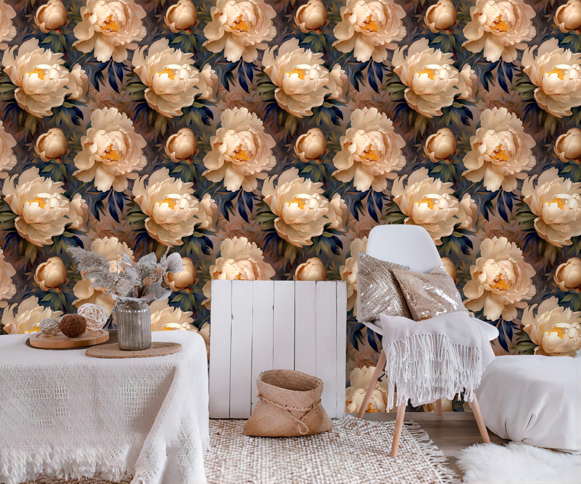 HAOKHOME 93435 Vintage Peel and Stick Wallpaper Floral Wall Paper Removable Boho for Bedroom Blue/Cream Contact Paper