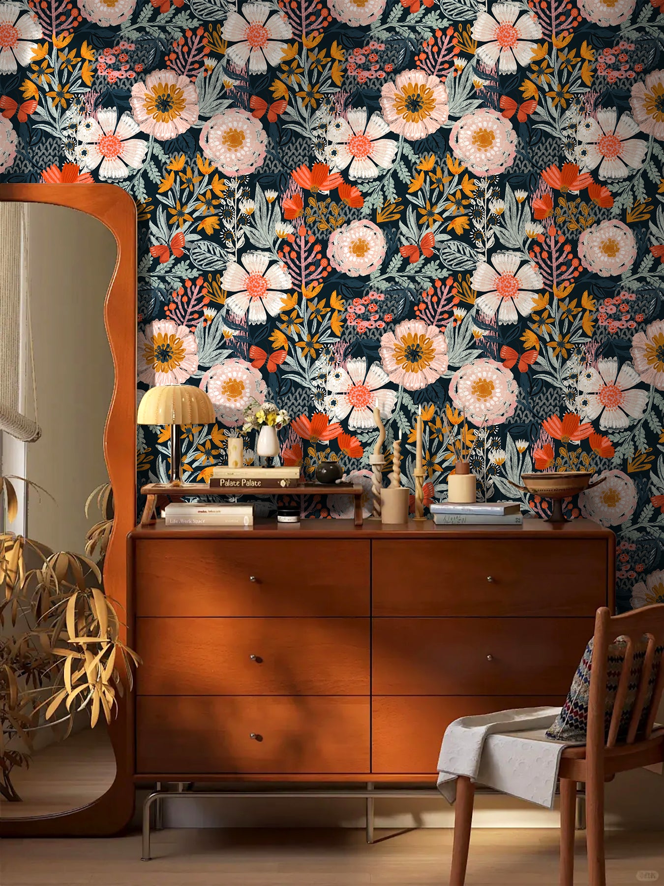 HAOKHOME 93439-1 Boho Peel and Stick Wallpaper Floral Wall Paper Removable for Bedroom Navy/Pink/Orange Contact Paper