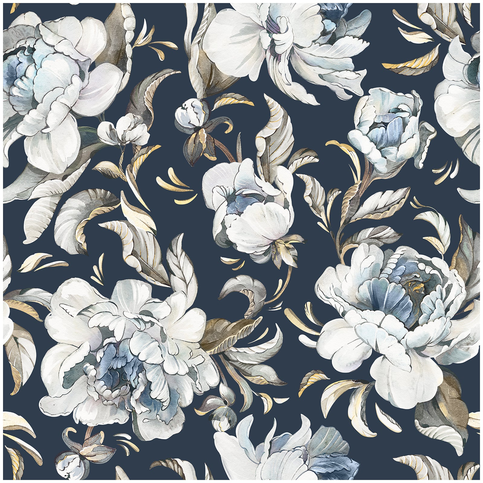 white wallpaper with navy flowers