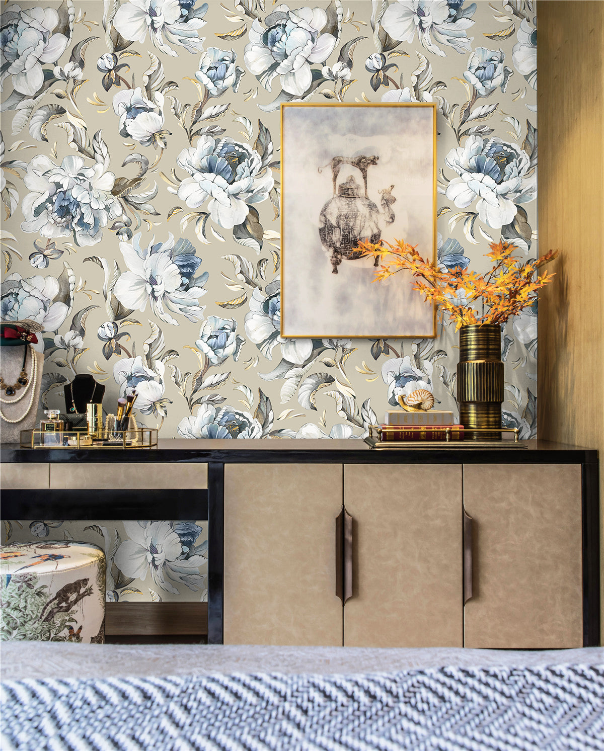 HAOKHOME 94030-2 Vintage Damask Wallpaper Peel and Stick Floral Removable Wall Paper Tan/Cream/Blue for Bedroom Contact Paper