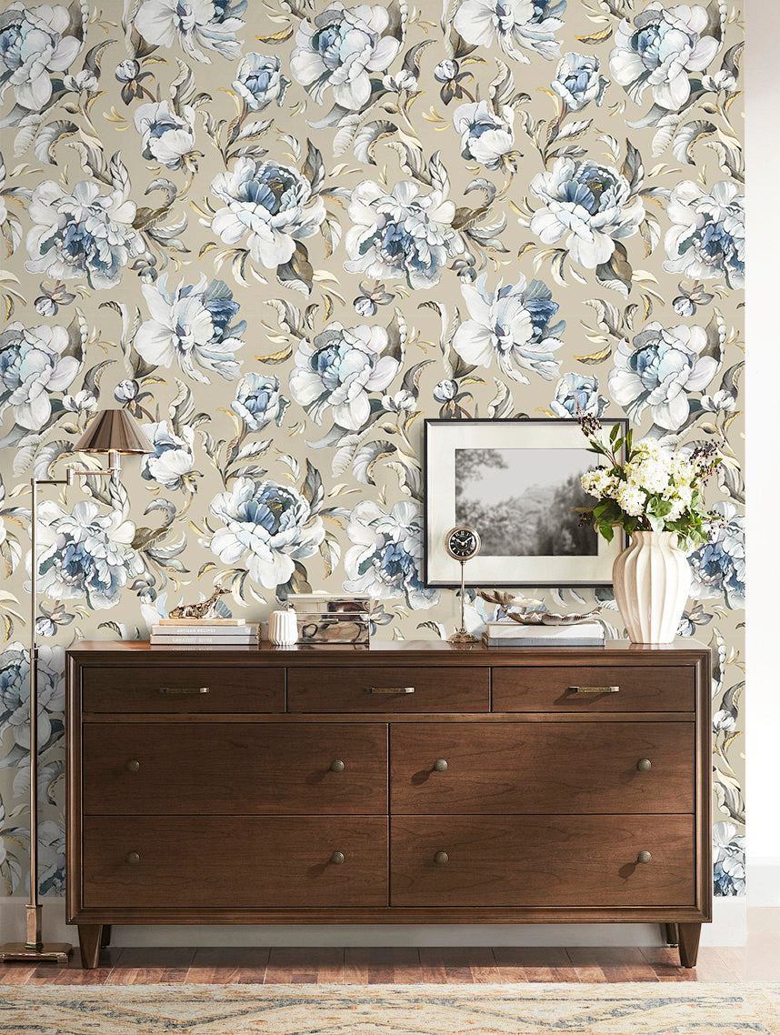 HAOKHOME 94030-2 Vintage Damask Wallpaper Peel and Stick Floral Removable Wall Paper Tan/Cream/Blue for Bedroom Contact Paper
