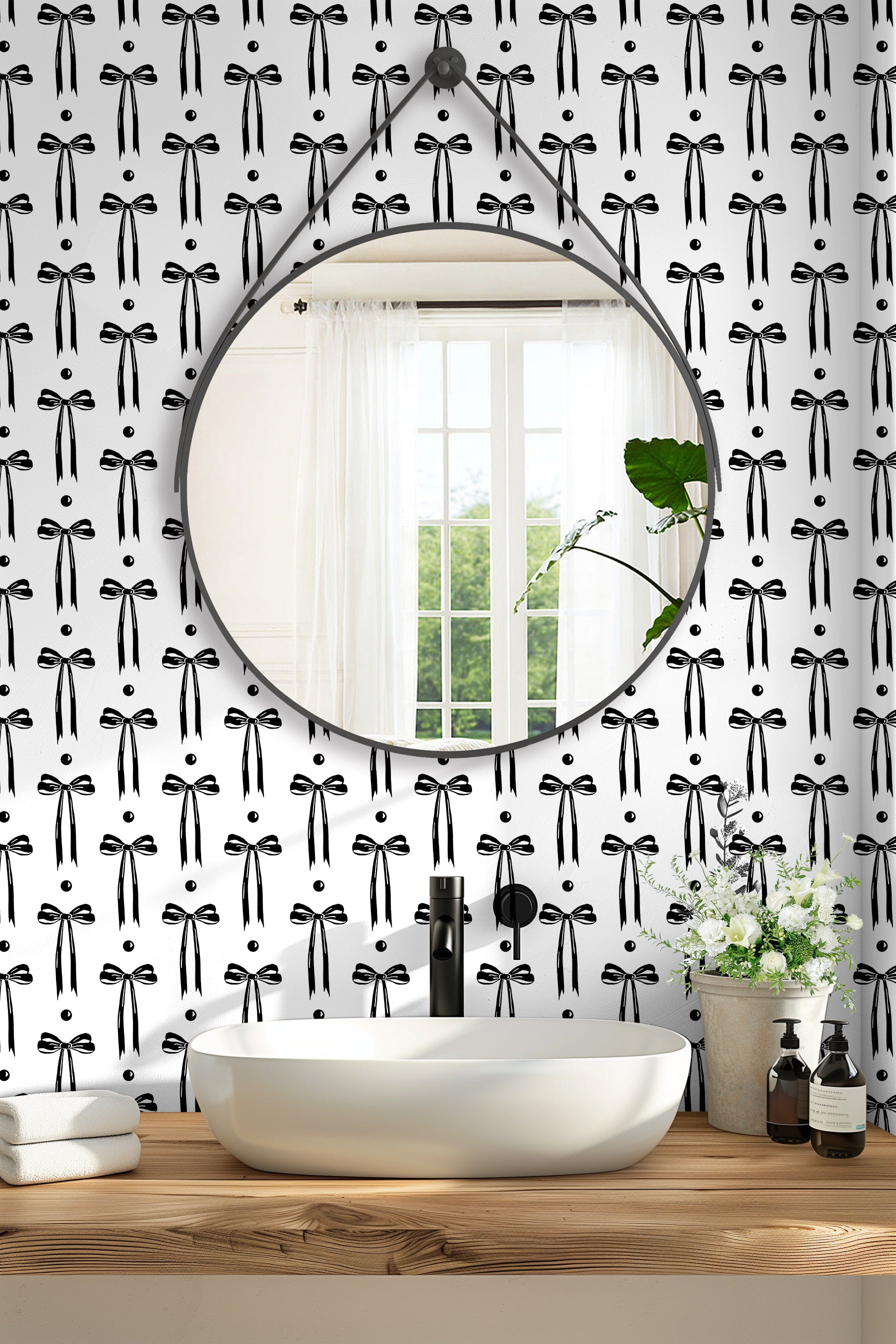 HAOKHOME Black Wall Paper Peel and Stick Modern Bow Ties Wallpaper Removable for Nursery