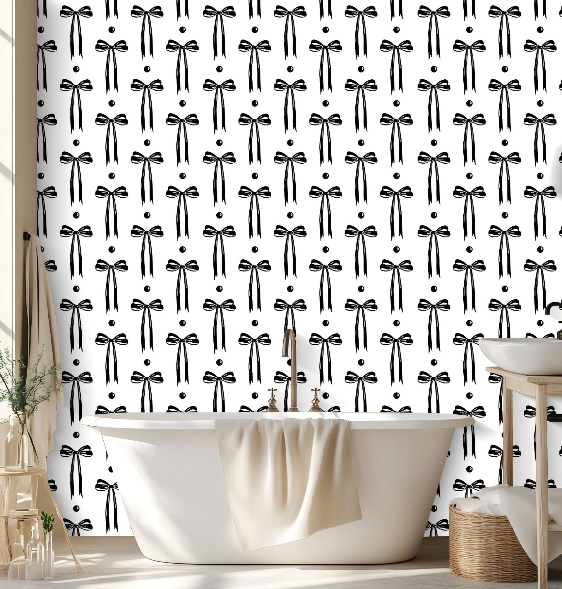 HAOKHOME Black Wall Paper Peel and Stick Modern Bow Ties Wallpaper Removable for Nursery