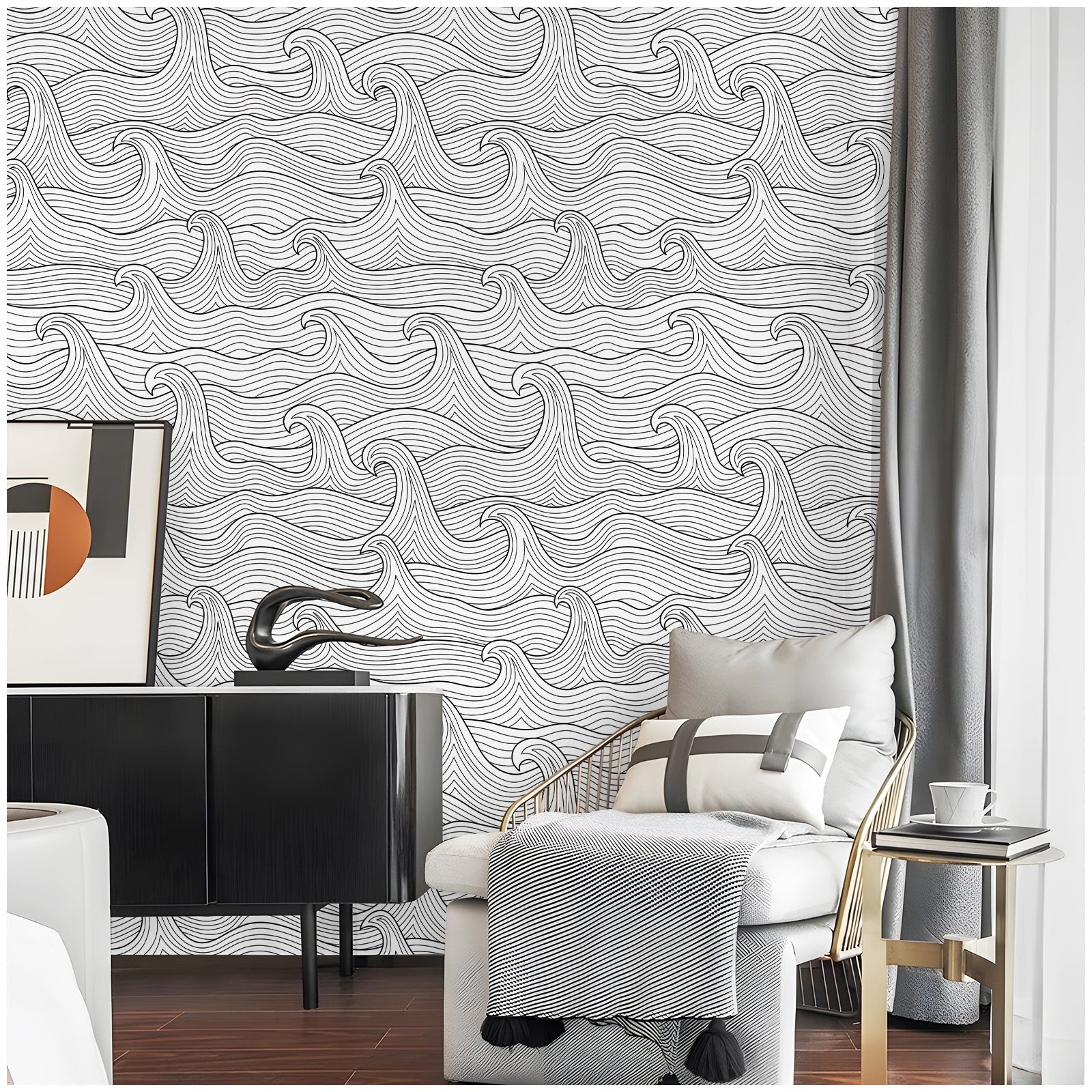 HAOKHOME Coastal Peel and Stick Wallpaper Modern Wave Wall Paper Removable for Bathroom Black/White Contact Paper