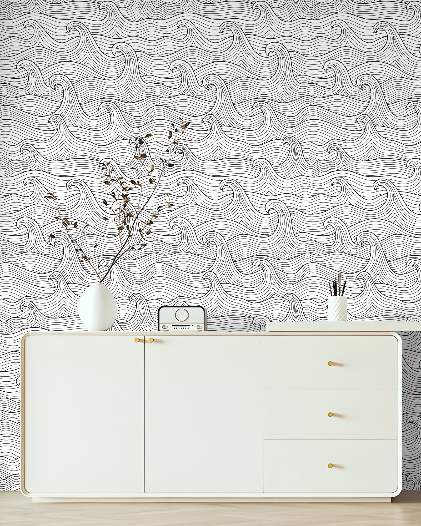HAOKHOME Coastal Peel and Stick Wallpaper Modern Wave Wall Paper Removable for Bathroom Black/White Contact Paper