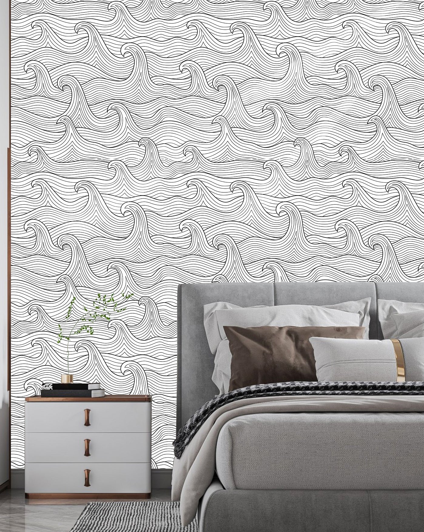 HAOKHOME Coastal Peel and Stick Wallpaper Modern Wave Wall Paper Removable for Bathroom Black/White Contact Paper