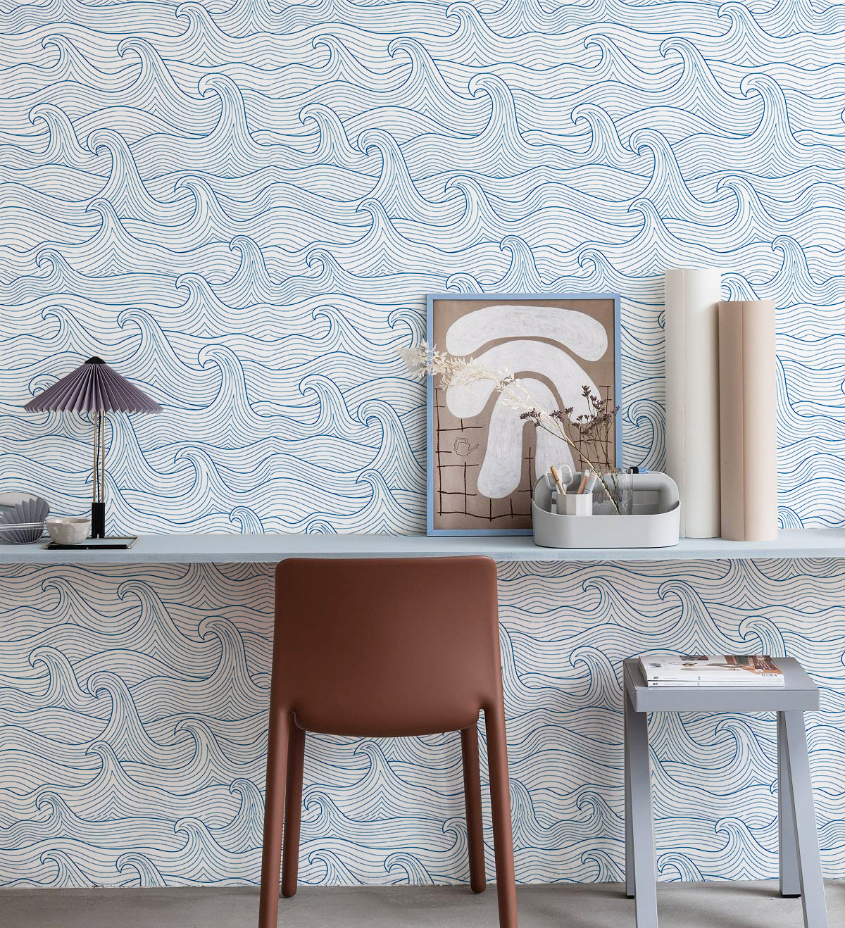 HAOKHOME Coastal Peel and Stick Wallpaper Modern Wave Wall Paper Removable for Bathroom Navy/White Contact Paper