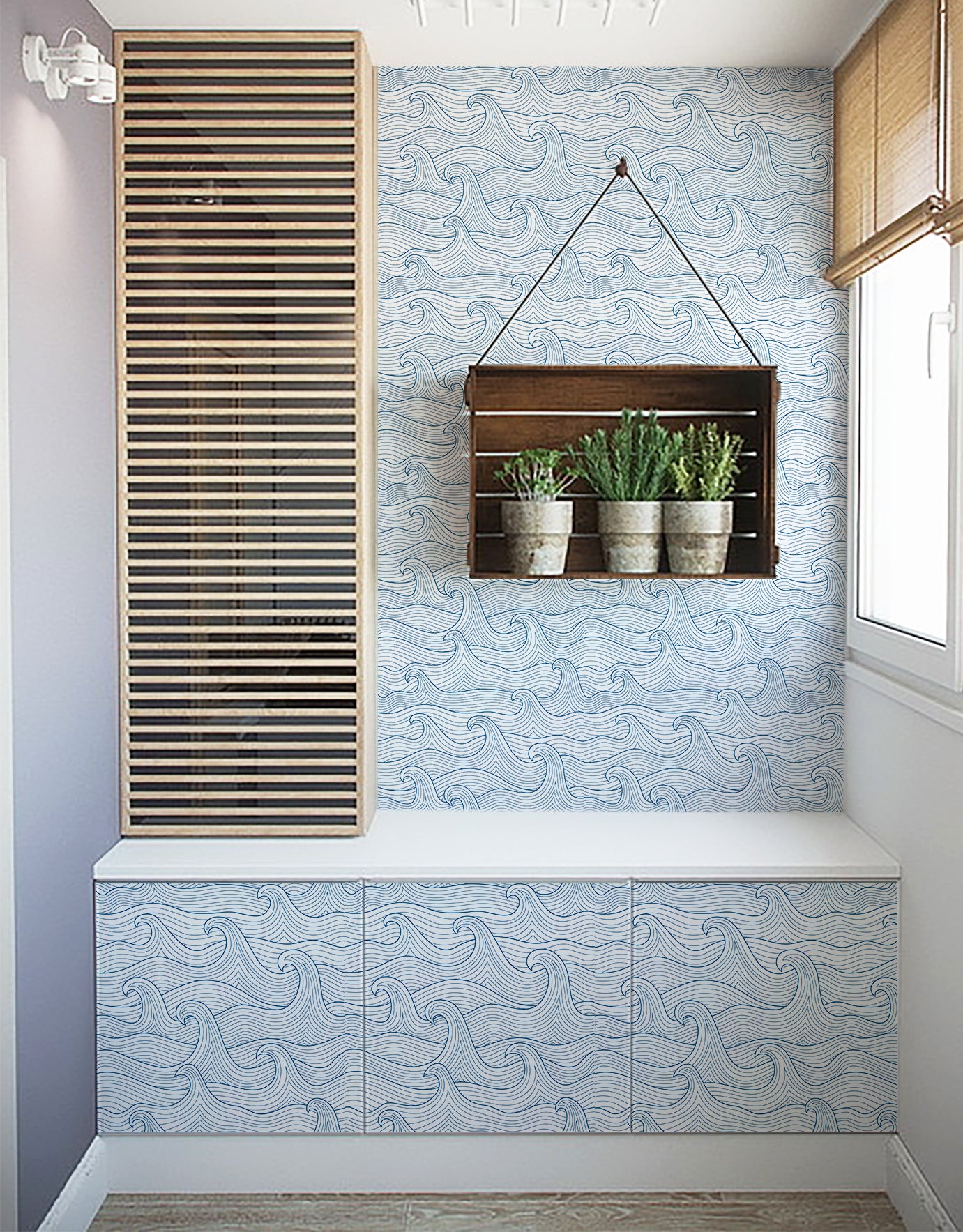 HAOKHOME Coastal Peel and Stick Wallpaper Modern Wave Wall Paper Removable for Bathroom Navy/White Contact Paper