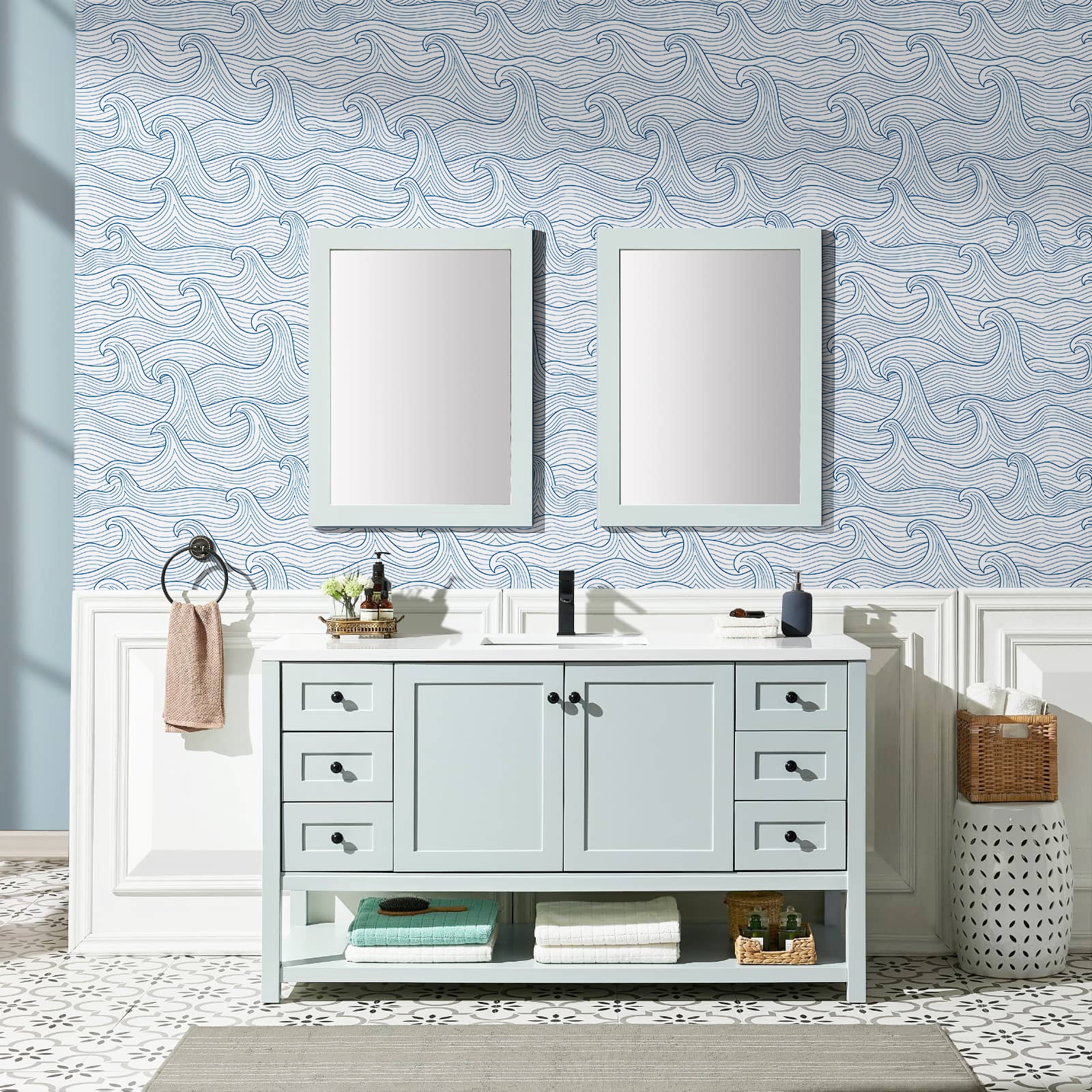 HAOKHOME Coastal Peel and Stick Wallpaper Modern Wave Wall Paper Removable for Bathroom Navy/White Contact Paper