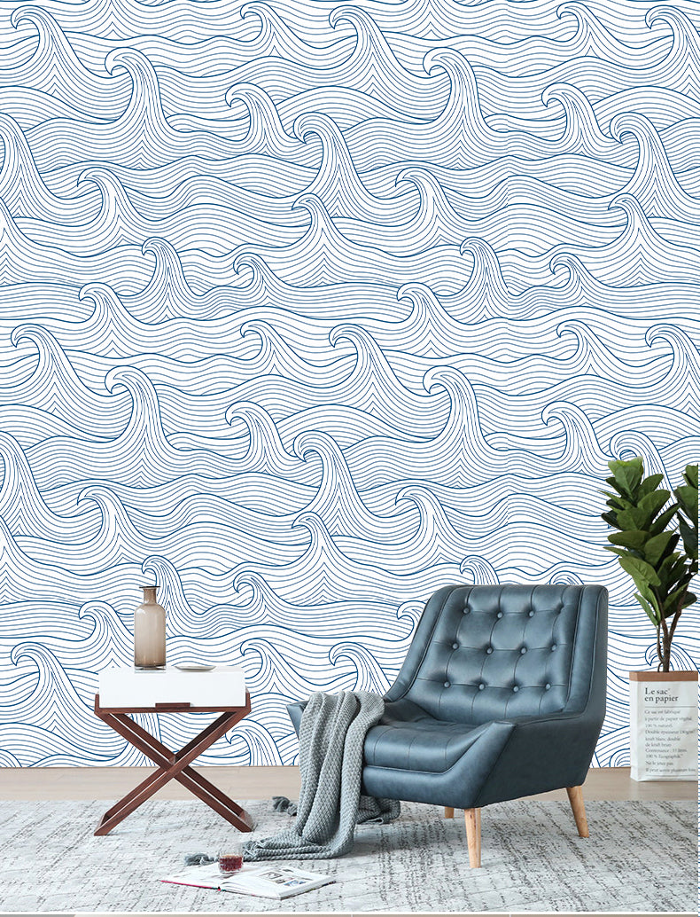 HAOKHOME Coastal Peel and Stick Wallpaper Modern Wave Wall Paper Removable for Bathroom Navy/White Contact Paper