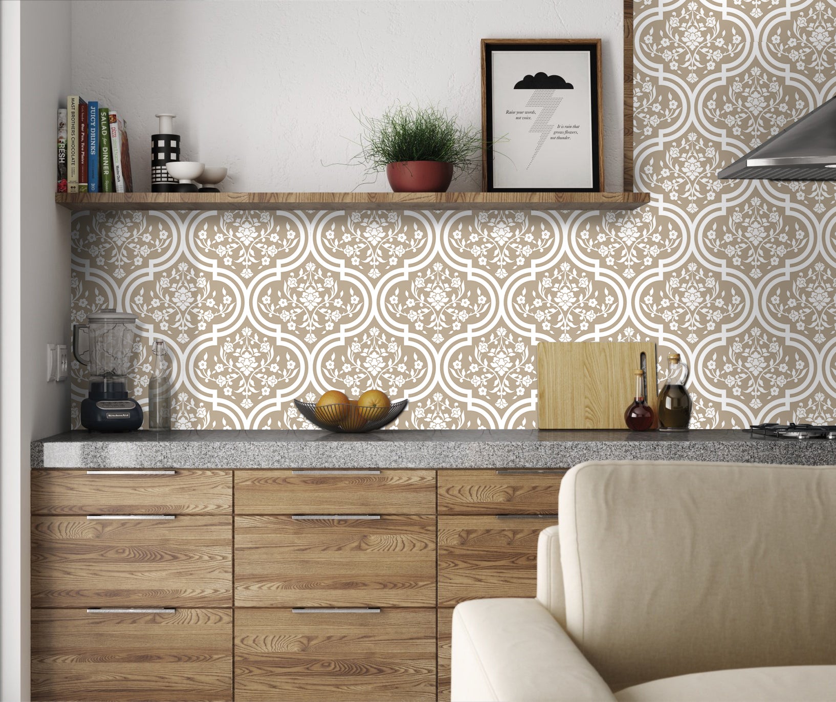 HAOKHOME Damask Wallpaper Peel and Stick Floral Wall Paper Vintage Removable for Kitchen Mushroom/White Contact Paper
