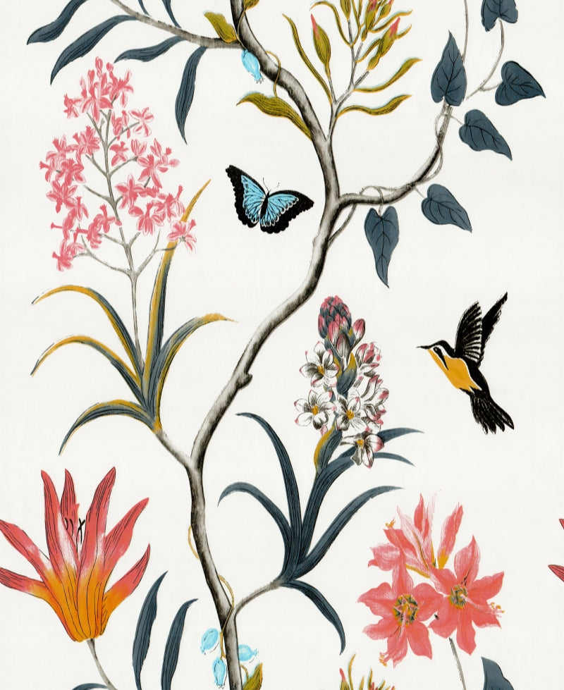 HaokHome Peel and Stick Wallpaper White Watercolor Hummingbird Butterfly Floral Branch Wall Mural Removable Self Adhesive Chinoiserie Botanical Wallpaper2303