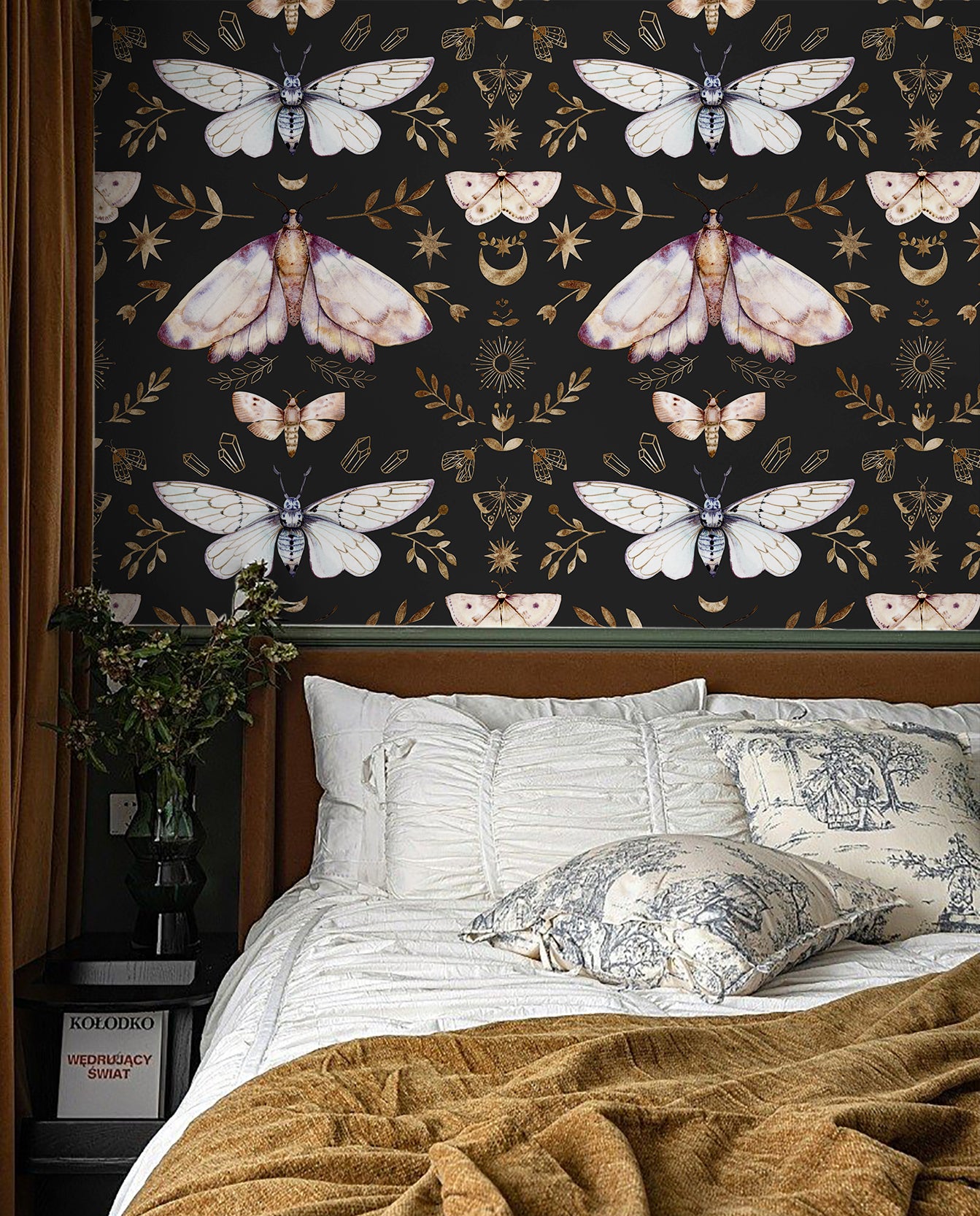 HaokHome 93296-1 Elegant Butterfly and Stars Wallpaper - Dark Aesthetic Floral Wallpaper for Unique Home Decor
