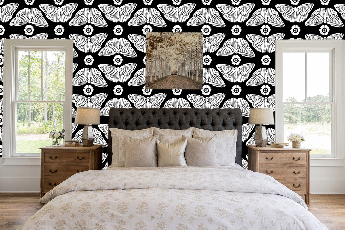 HaokHome 93387-1 Modern Peel and Stick Wallpaper – Black & White Butterfly Floral, Removable Home Decor