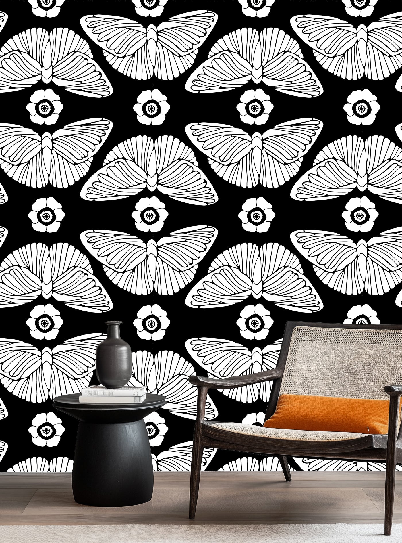 HaokHome 93387-1 Modern Peel and Stick Wallpaper – Black & White Butterfly Floral, Removable Home Decor