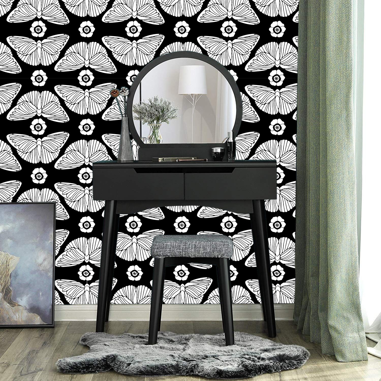 HaokHome 93387-1 Modern Peel and Stick Wallpaper – Black & White Butterfly Floral, Removable Home Decor