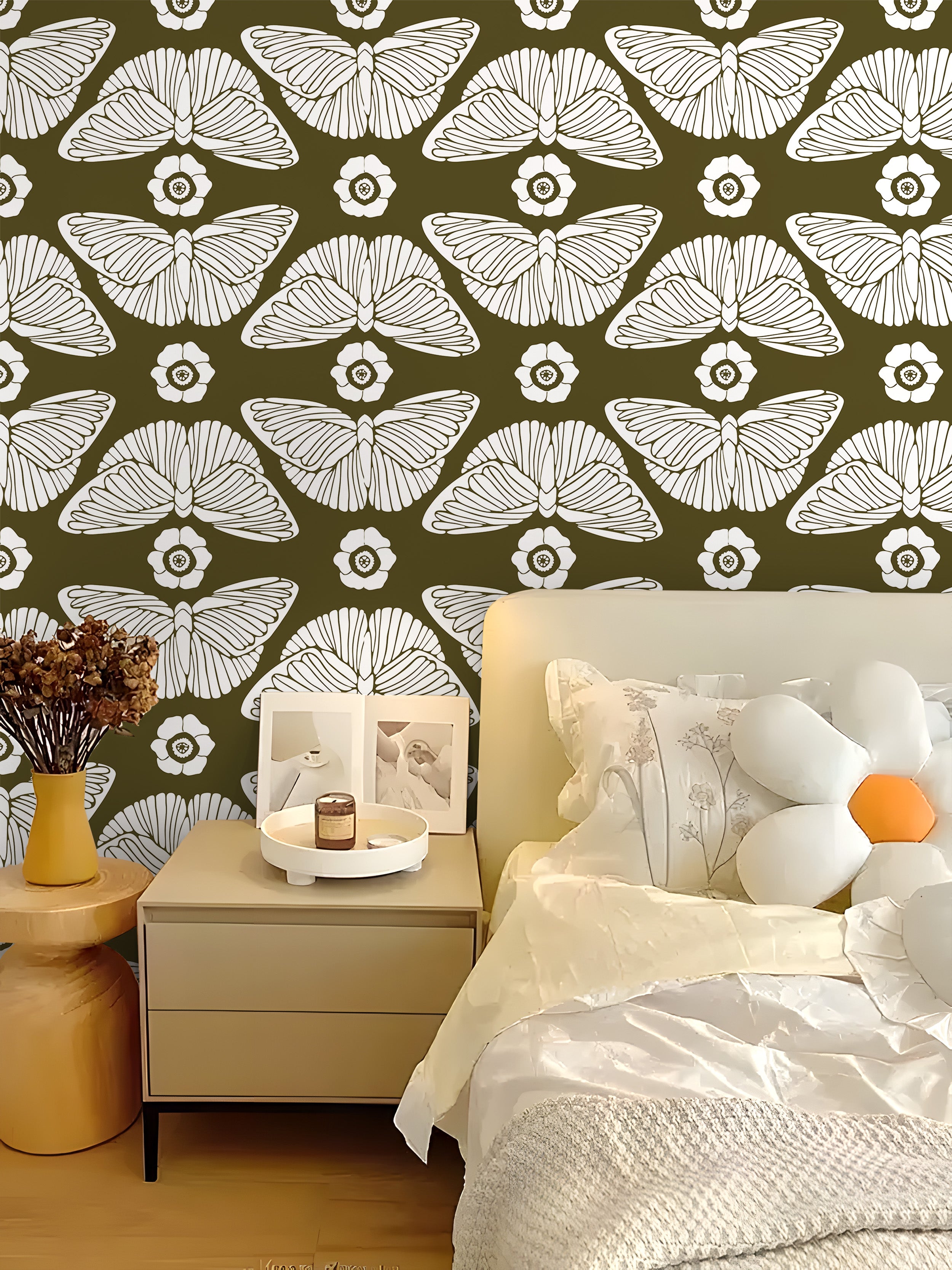 HaokHome 93387-2 Olive Green Butterfly Floral Peel and Stick Wallpaper – Removable Home Decor