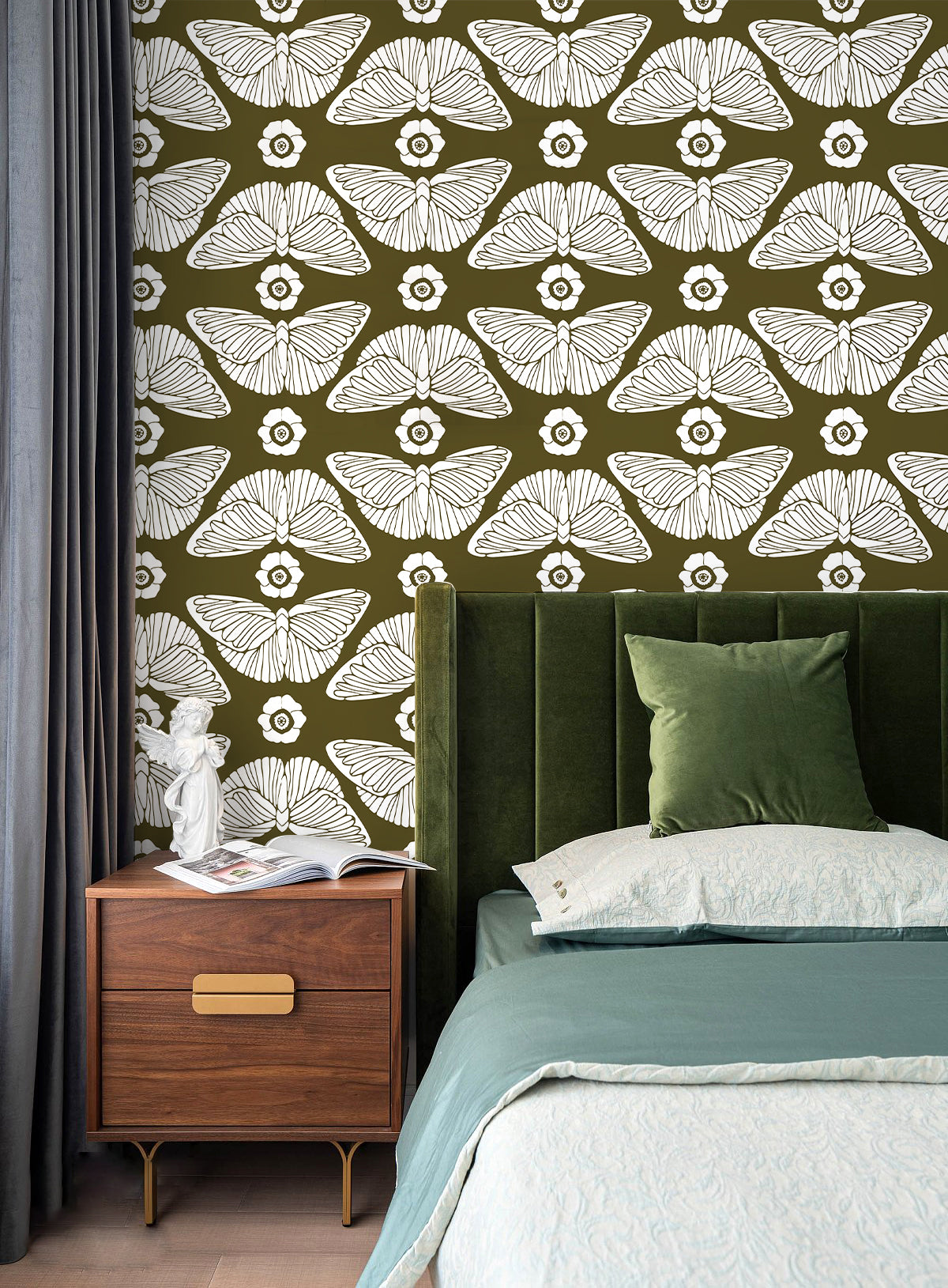 HaokHome 93387-2 Olive Green Butterfly Floral Peel and Stick Wallpaper – Removable Home Decor